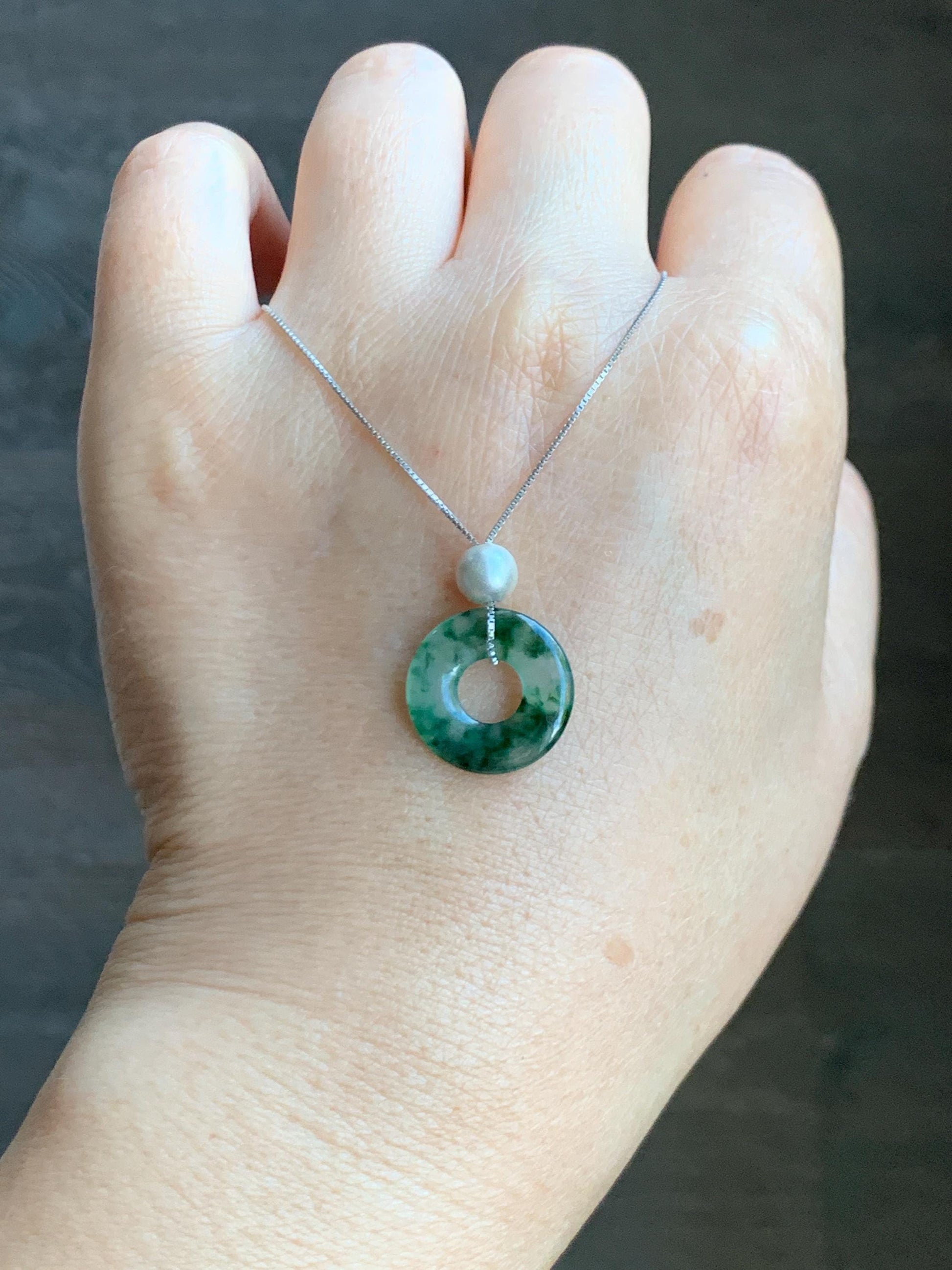 Natural Grade A Icy Translucent Green Marbled Jade Jadeite Ping An Kou Donut Pendant Sterling Silver Necklace 16” 天然老种冰飘绿花翡翠平安扣吊坠项链 MPH528A