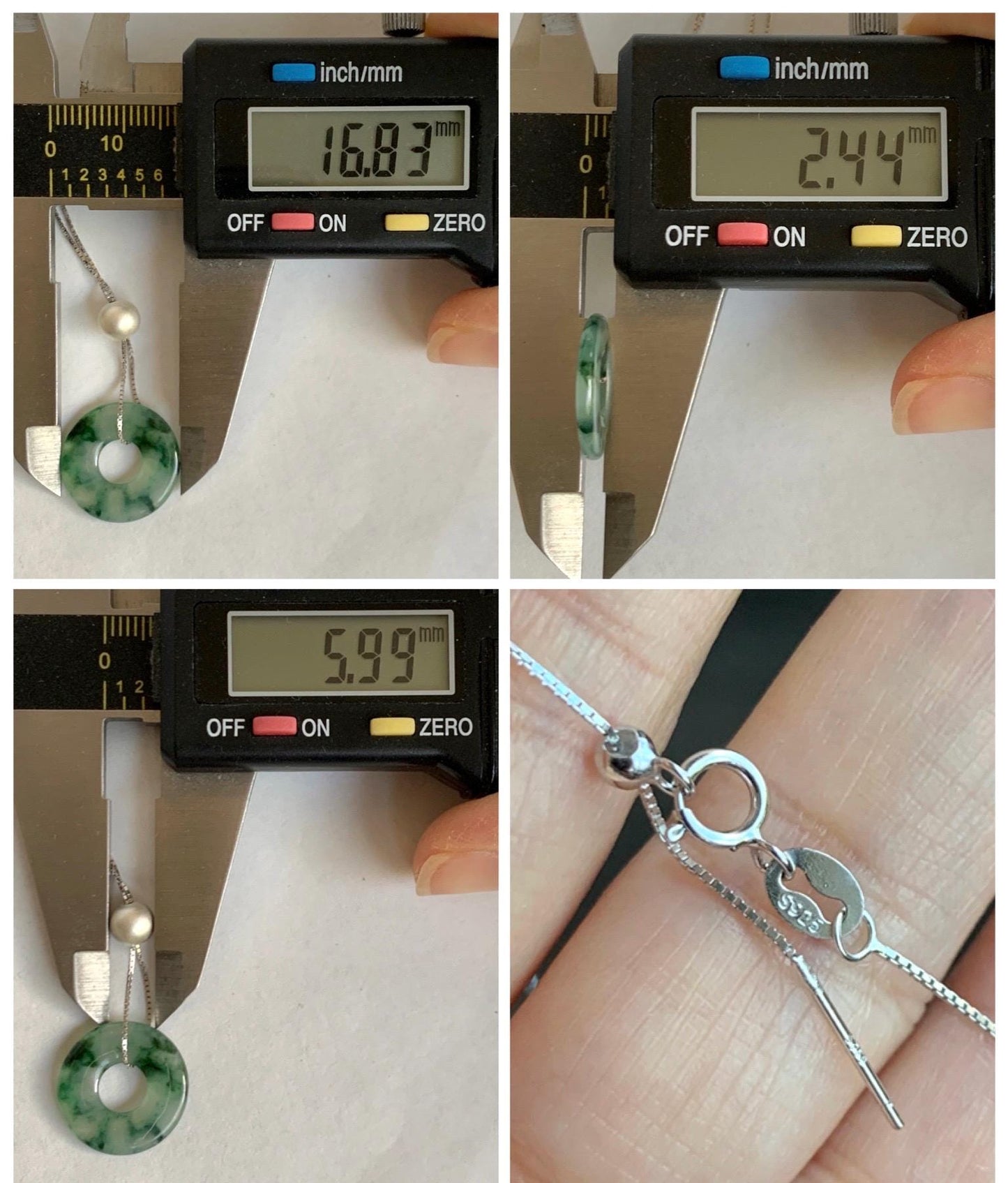 Natural Grade A Icy Translucent Green Marbled Jade Jadeite Ping An Kou Donut Pendant Sterling Silver Necklace 16” 天然老种冰飘绿花翡翠平安扣吊坠项链 MPH528B