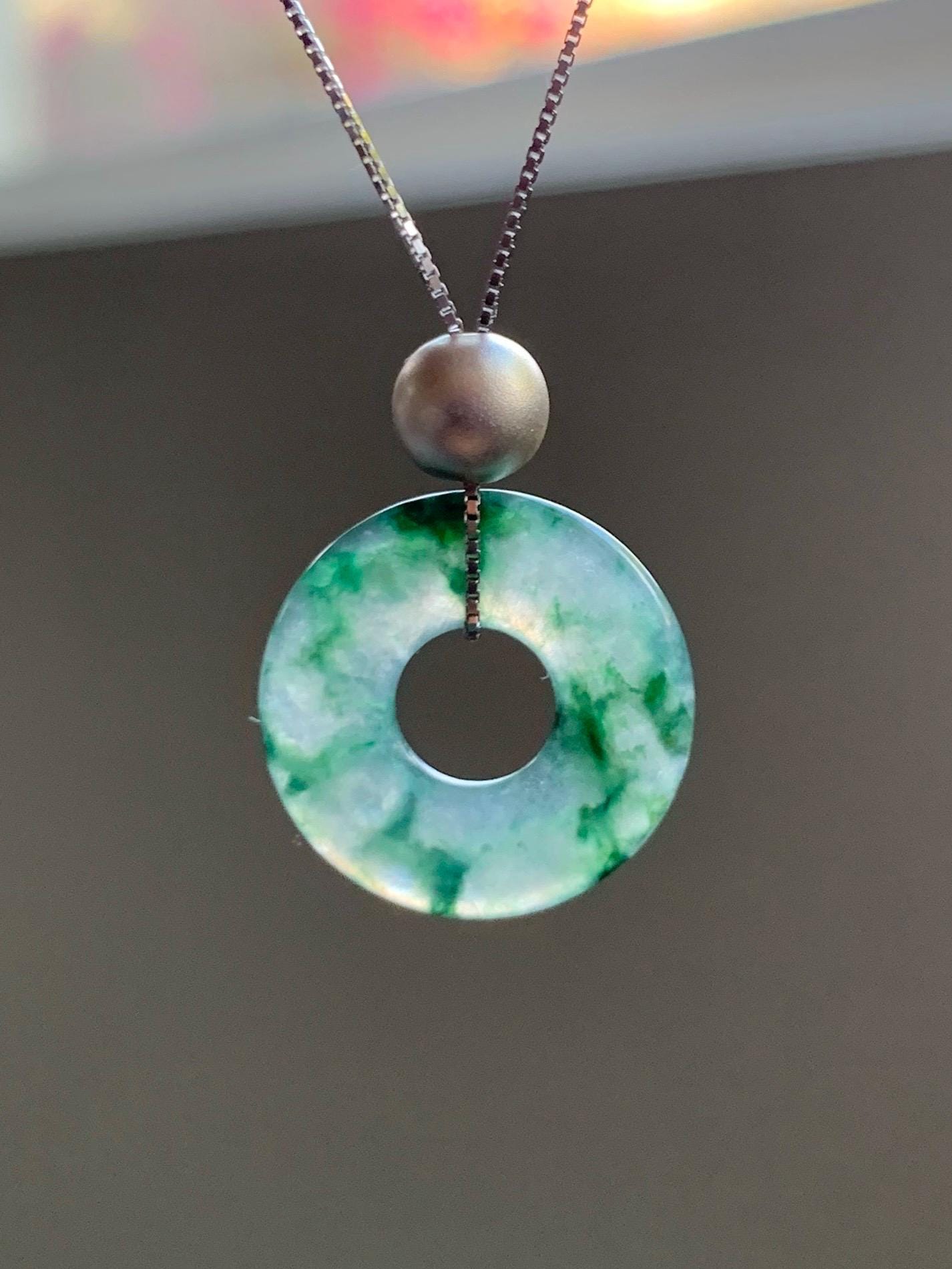 Natural Grade A Icy Translucent Green Marbled Jade Jadeite Ping An Kou Donut Pendant Sterling Silver Necklace 16” 天然老种冰飘绿花翡翠平安扣吊坠项链 MPH528B