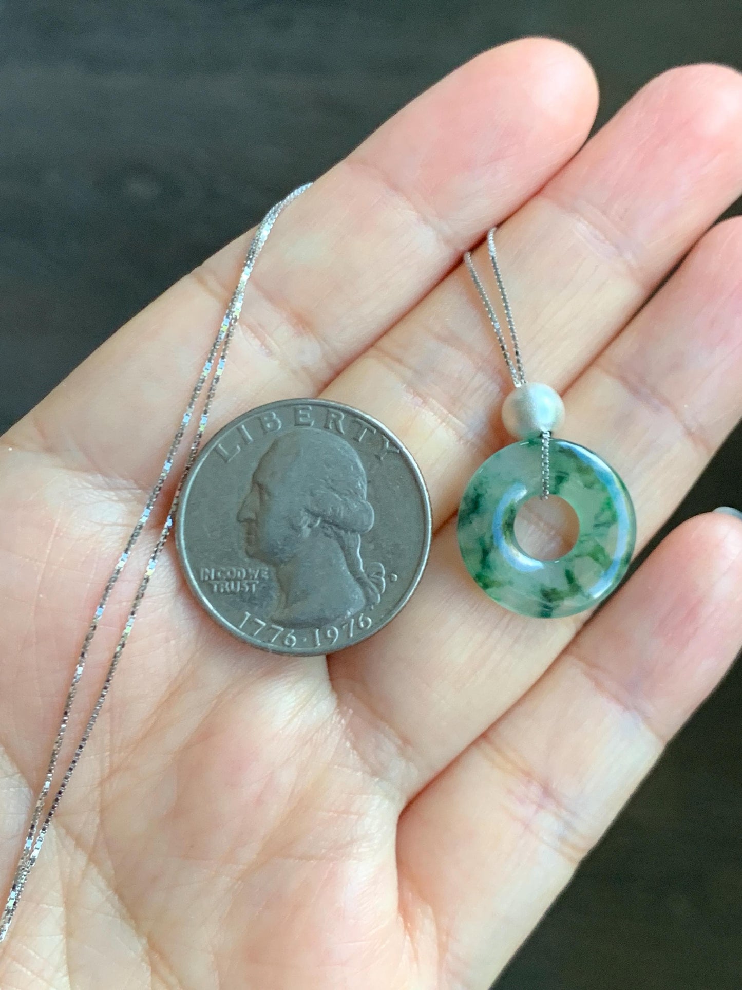 Natural Grade A Icy Translucent Green Marbled Jade Jadeite Ping An Kou Donut Pendant Sterling Silver Necklace 16” 天然老种冰飘绿花翡翠平安扣吊坠项链 MPH528B