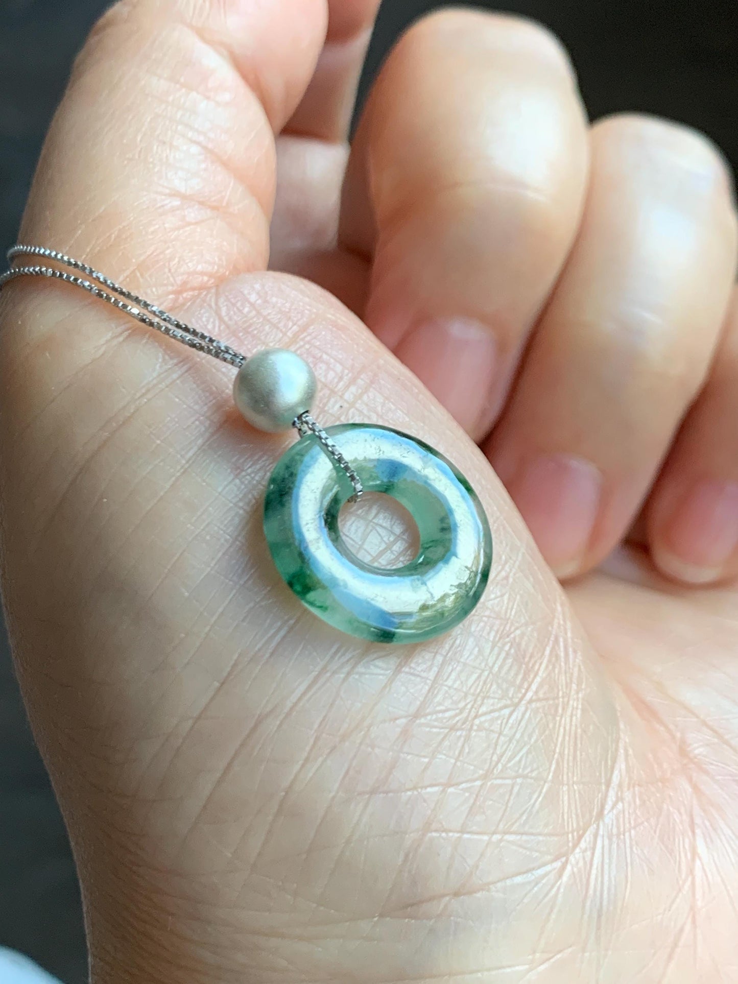 Natural Grade A Icy Translucent Green Marbled Jade Jadeite Ping An Kou Donut Pendant Sterling Silver Necklace 16” 天然老种冰飘绿花翡翠平安扣吊坠项链 MPH528B