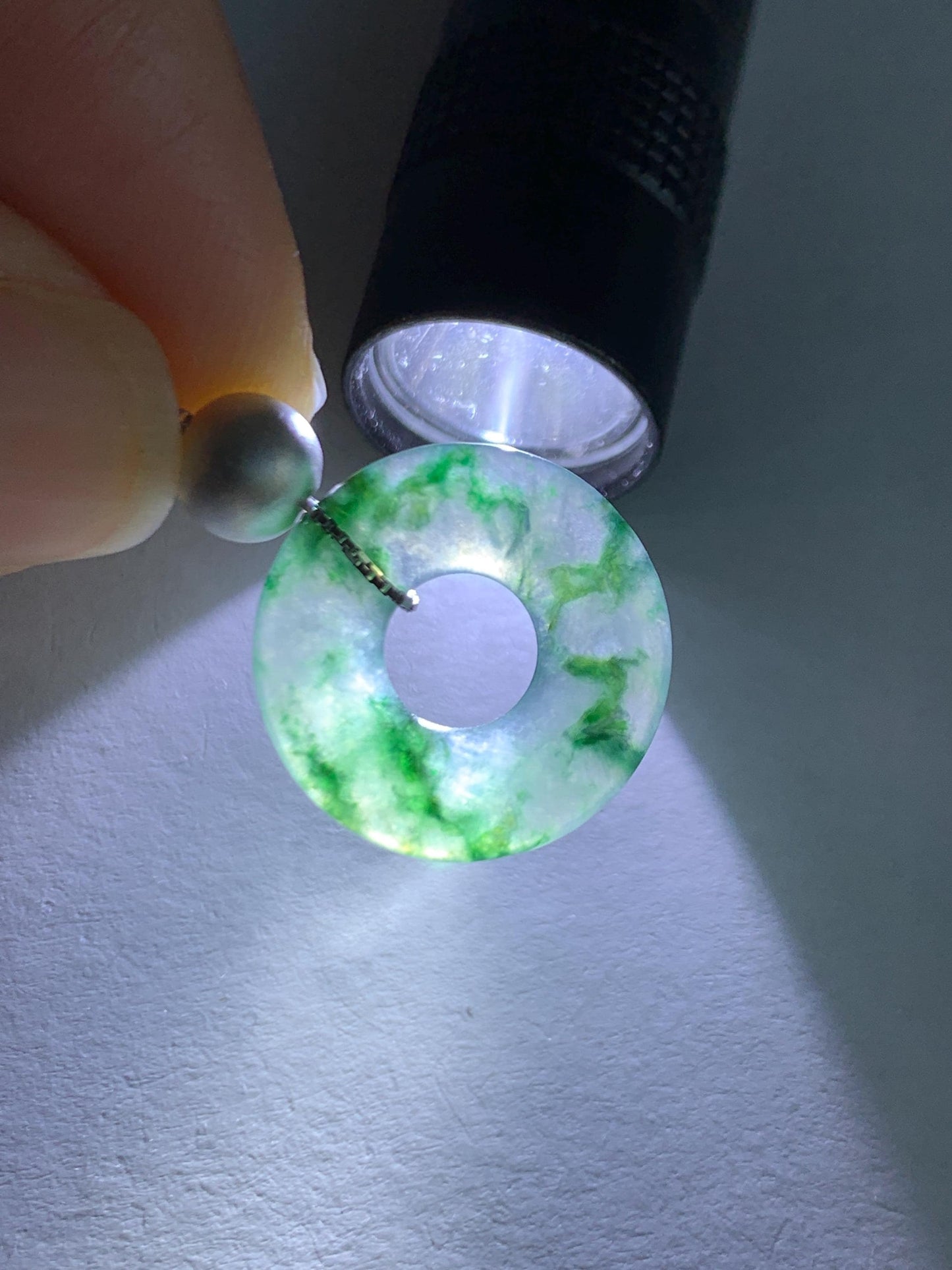 Natural Grade A Icy Translucent Green Marbled Jade Jadeite Ping An Kou Donut Pendant Sterling Silver Necklace 16” 天然老种冰飘绿花翡翠平安扣吊坠项链 MPH528B