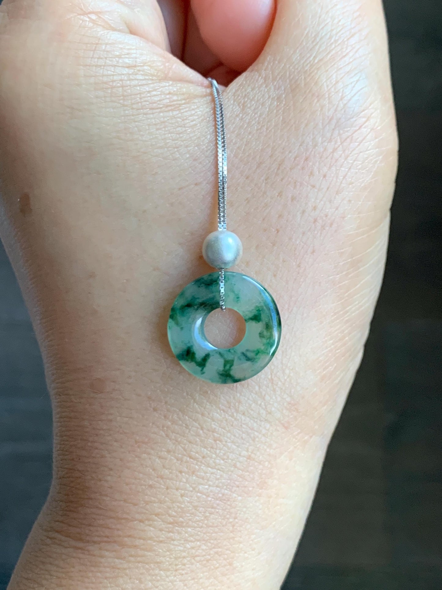 Natural Grade A Icy Translucent Green Marbled Jade Jadeite Ping An Kou Donut Pendant Sterling Silver Necklace 16” 天然老种冰飘绿花翡翠平安扣吊坠项链 MPH528B