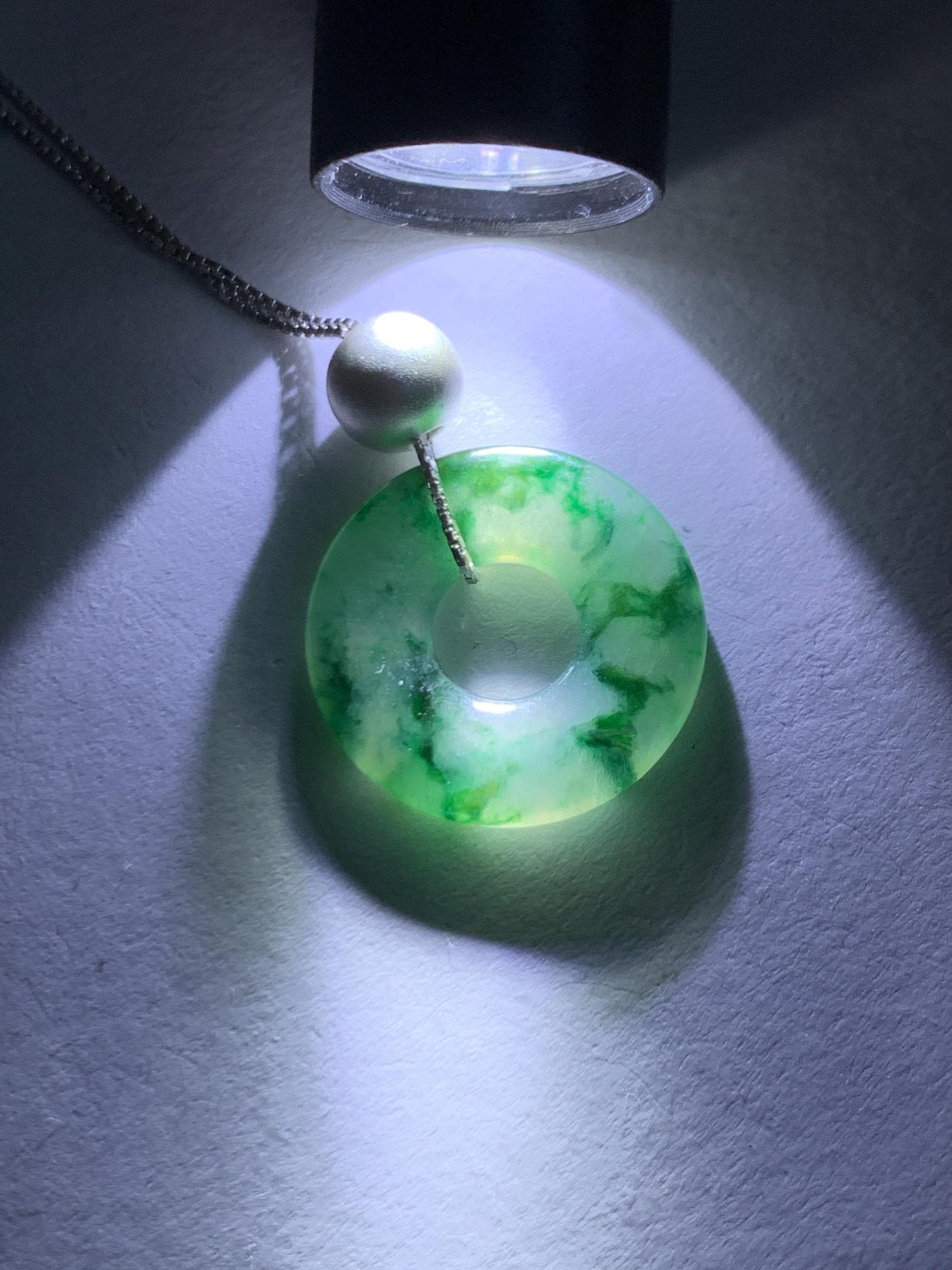 Natural Grade A Icy Translucent Green Marbled Jade Jadeite Ping An Kou Donut Pendant Sterling Silver Necklace 16” 天然老种冰飘绿花翡翠平安扣吊坠项链 MPH528B