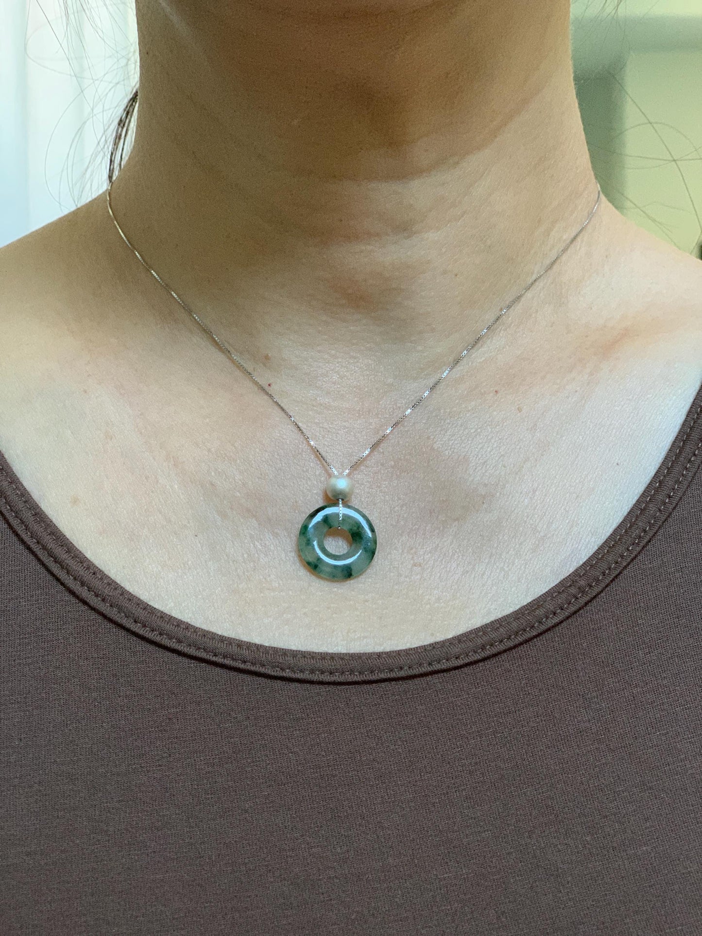Natural Grade A Icy Translucent Green Marbled Jade Jadeite Ping An Kou Donut Pendant Sterling Silver Necklace 16” 天然老种冰飘绿花翡翠平安扣吊坠项链 MPH528B