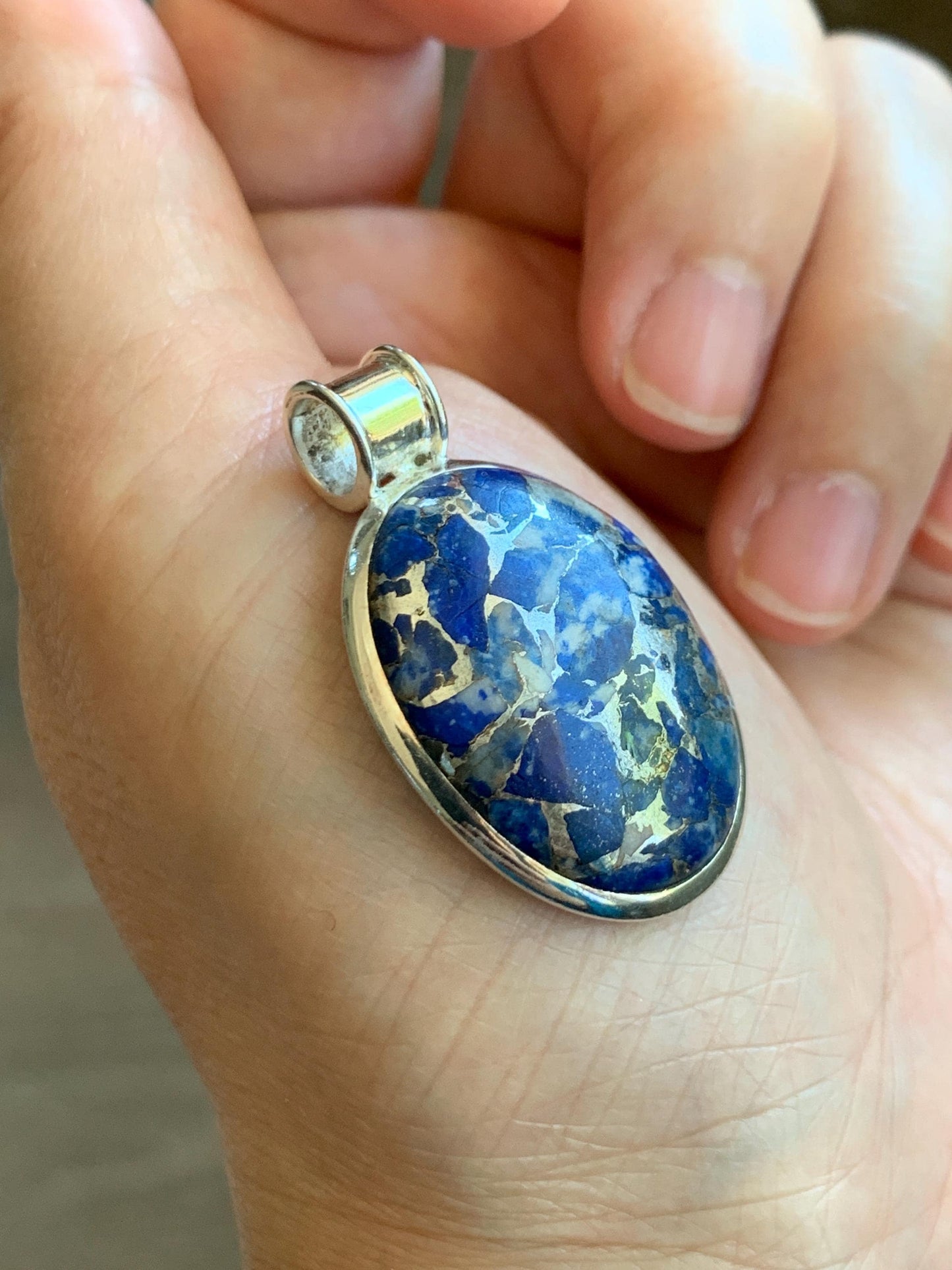 Natural Genuine Lapis Lazuli Lareg Oval Pendant Sterling Silver 8g LLZ