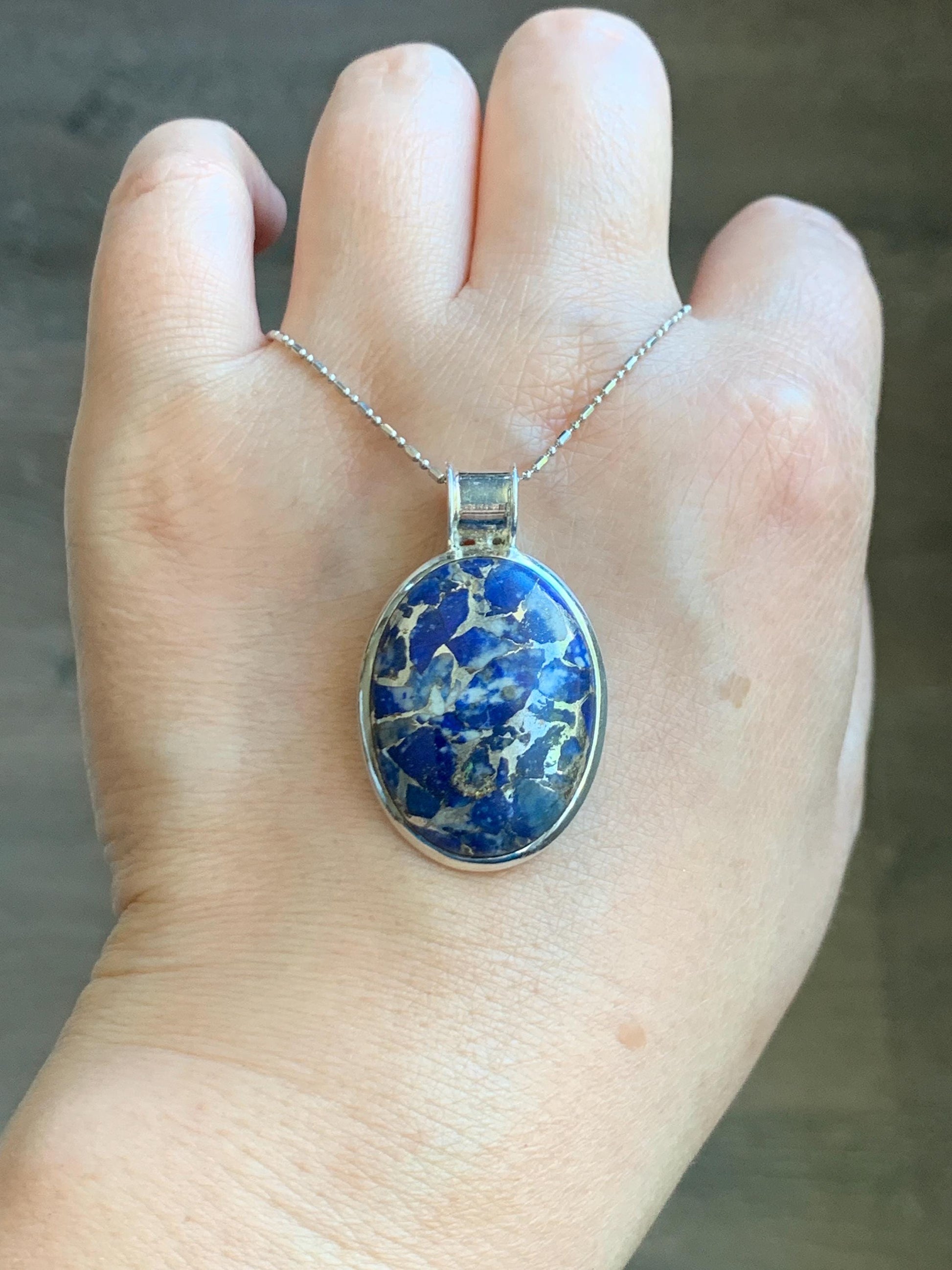 Natural Genuine Lapis Lazuli Lareg Oval Pendant Sterling Silver 8g LLZ