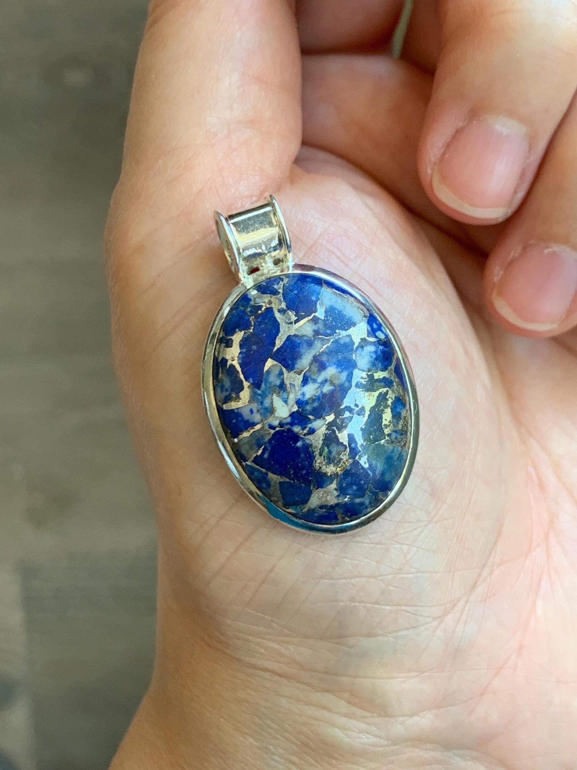 Natural Genuine Lapis Lazuli Lareg Oval Pendant Sterling Silver 8g LLZ
