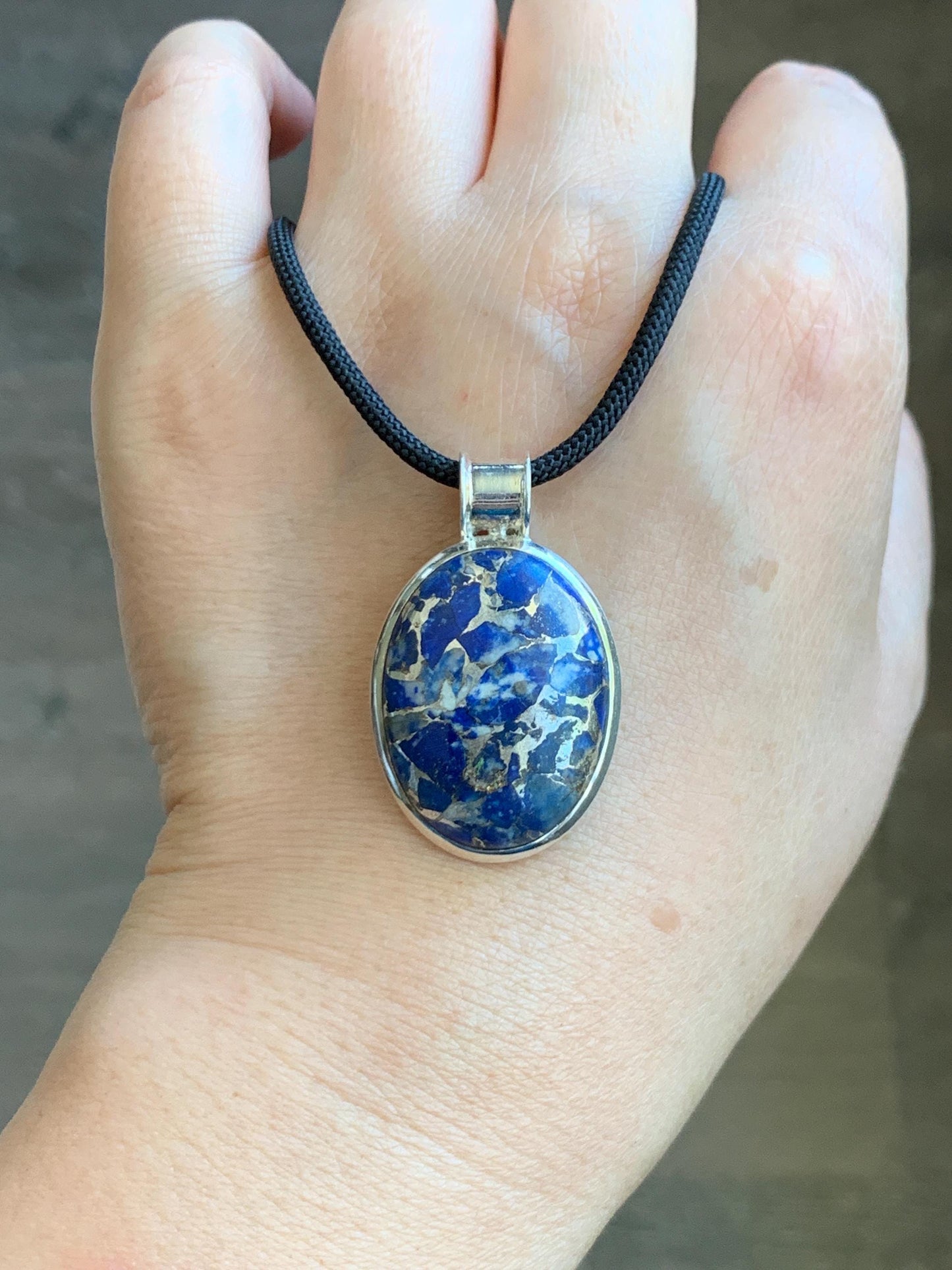 Natural Genuine Lapis Lazuli Lareg Oval Pendant Sterling Silver 8g LLZ