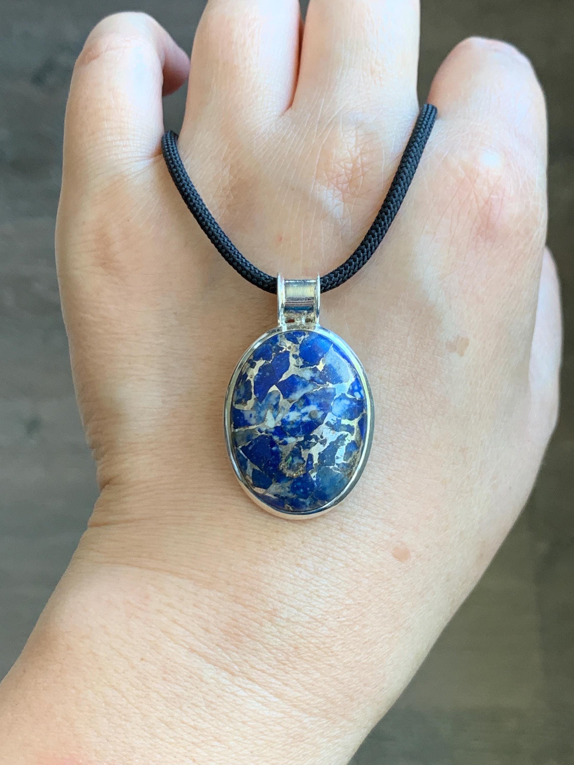 Natural Genuine Lapis Lazuli Lareg Oval Pendant Sterling Silver 8g LLZ