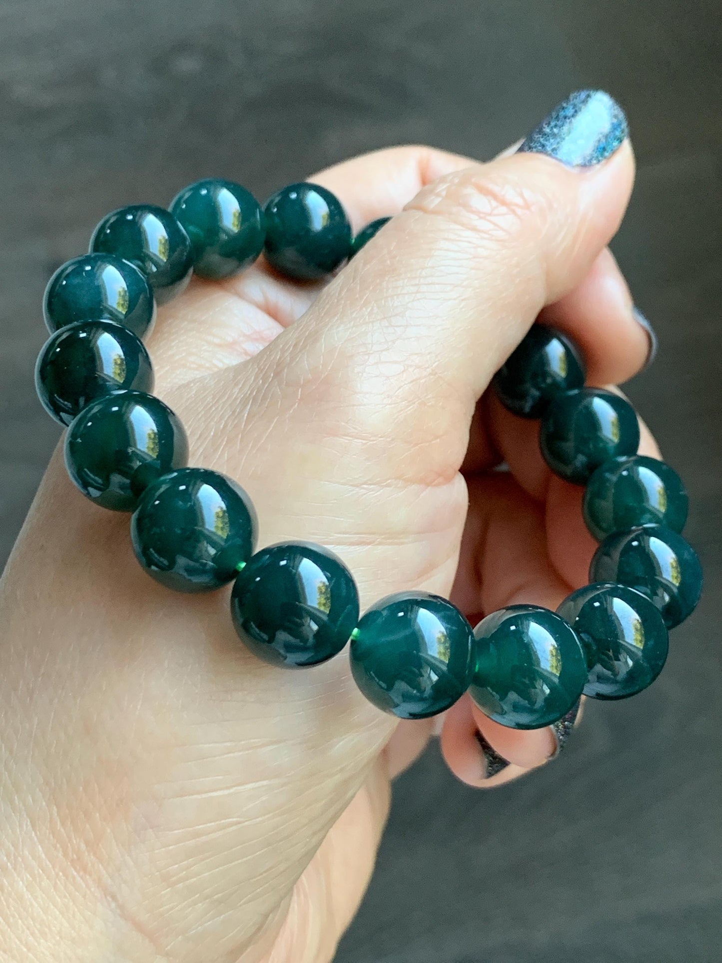 Natural Grade A Guatemalan Icy Translucent Dark Teal Green Jade Jadeite Large Beaded Bracelet 11.9mm 7.5” 49g 天然老种冰危深蓝绿翡翠大卡手串 SWV360
