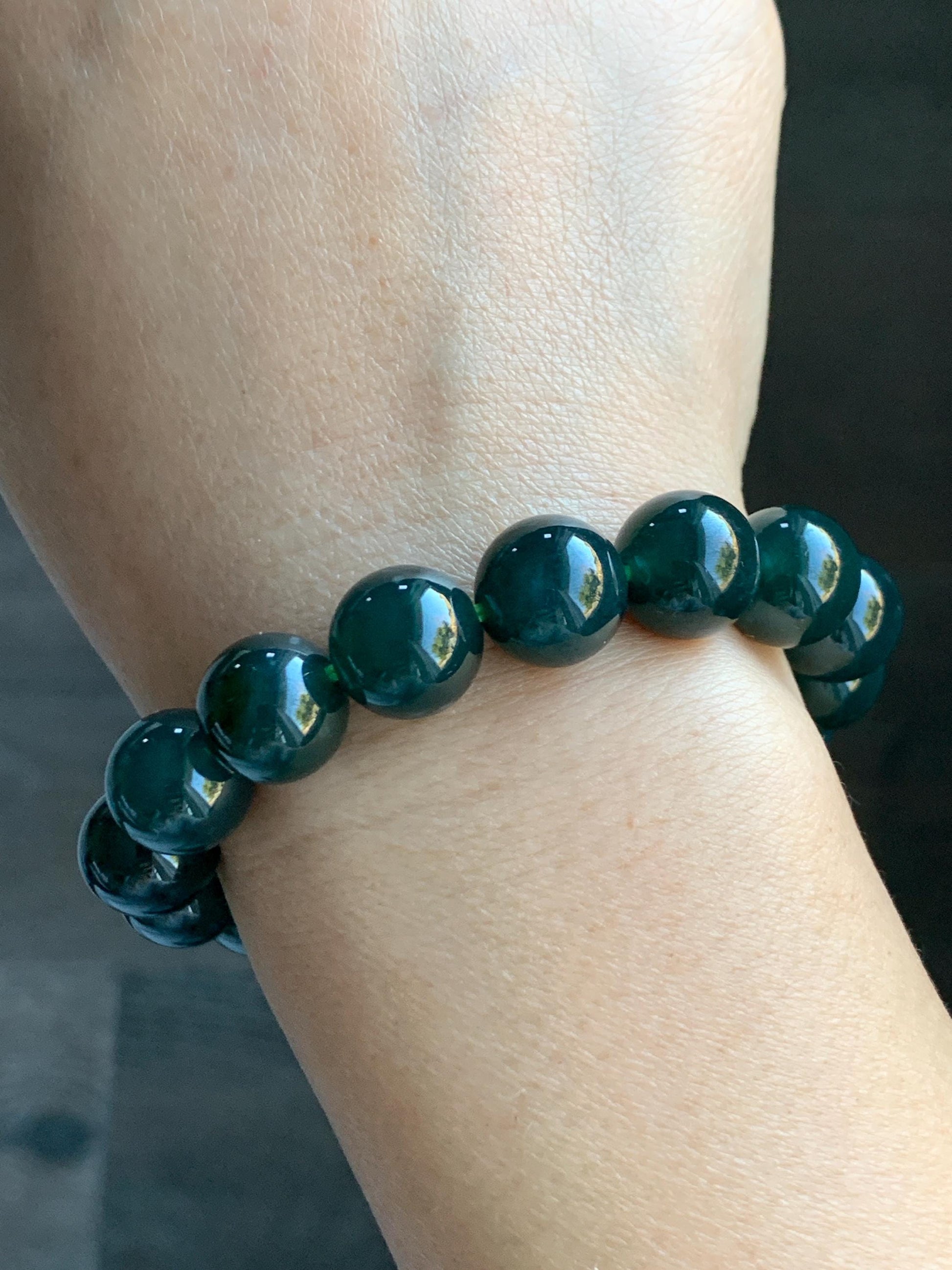 Natural Grade A Guatemalan Icy Translucent Dark Teal Green Jade Jadeite Large Beaded Bracelet 11.9mm 7.5” 49g 天然老种冰危深蓝绿翡翠大卡手串 SWV360