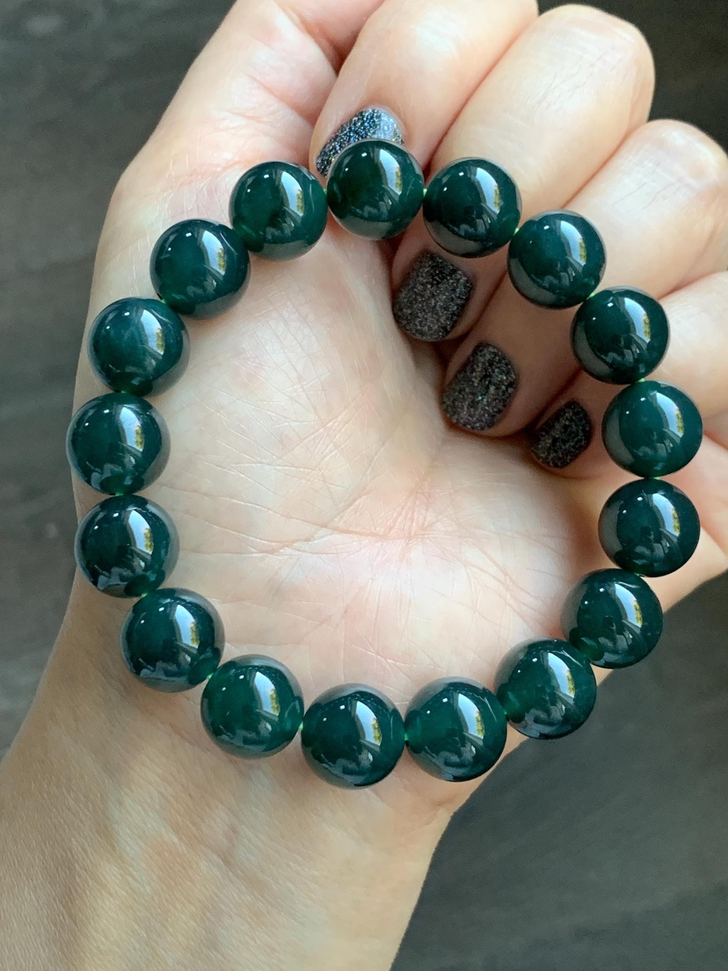 Natural Grade A Guatemalan Icy Translucent Dark Teal Green Jade Jadeite Large Beaded Bracelet 11.9mm 7.5” 49g 天然老种冰危深蓝绿翡翠大卡手串 SWV360