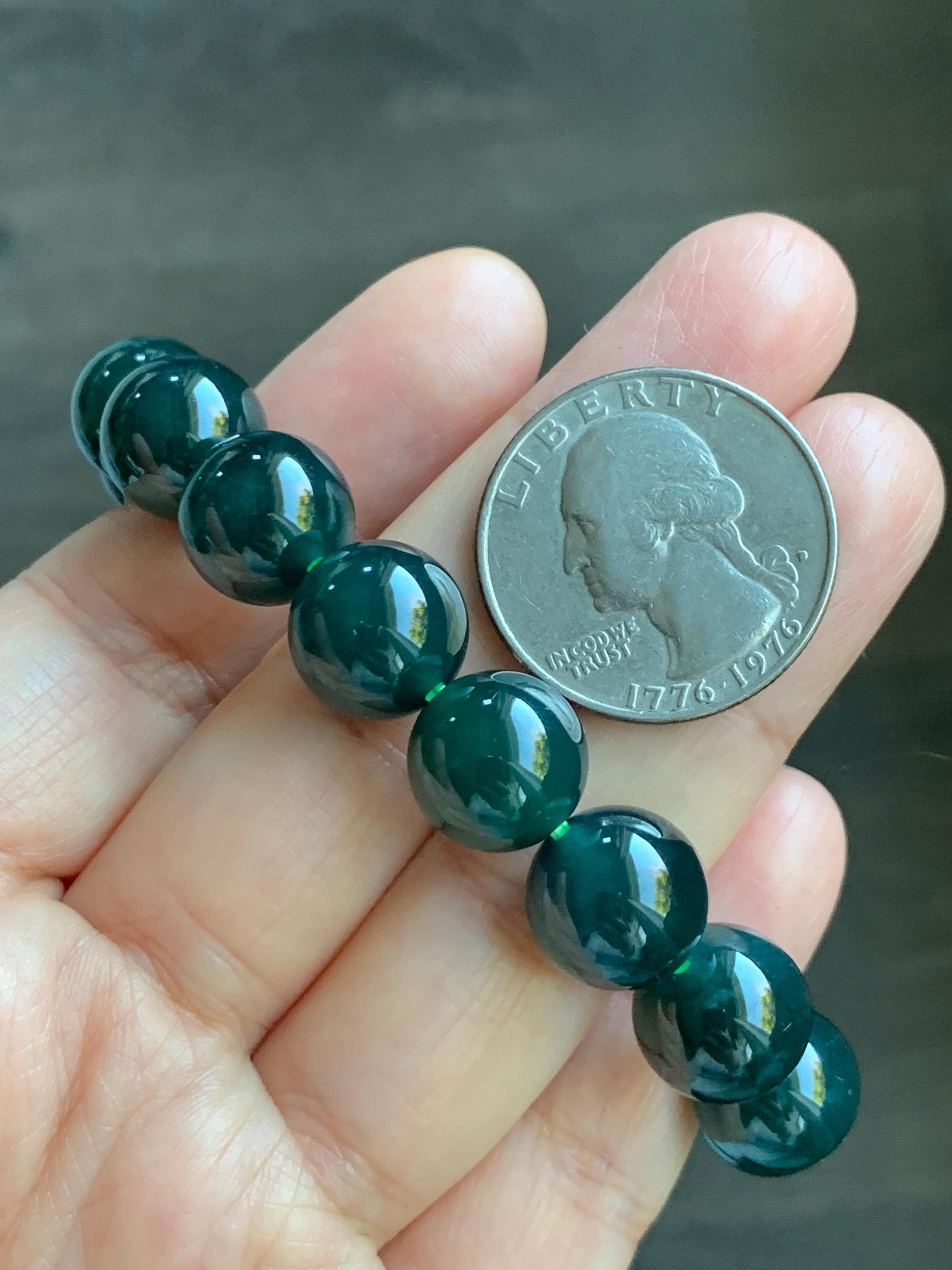 Natural Grade A Guatemalan Icy Translucent Dark Teal Green Jade Jadeite Large Beaded Bracelet 11.9mm 7.5” 49g 天然老种冰危深蓝绿翡翠大卡手串 SWV360