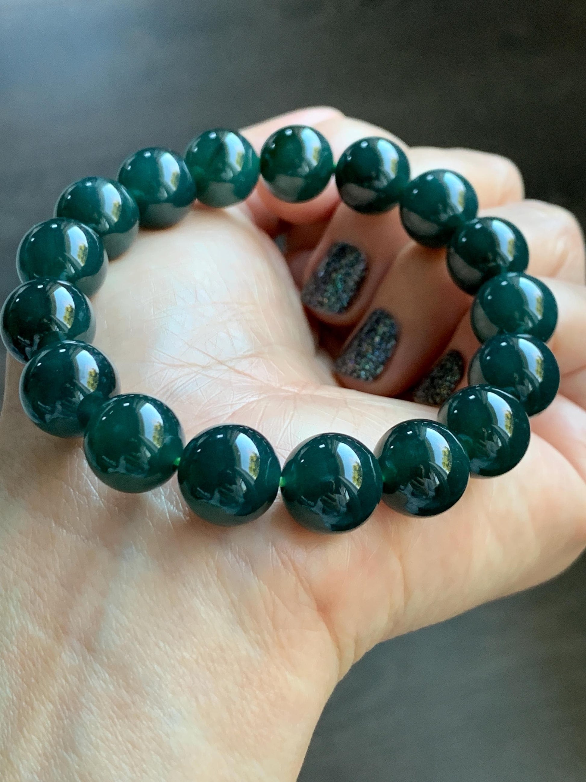 Natural Grade A Guatemalan Icy Translucent Dark Teal Green Jade Jadeite Large Beaded Bracelet 11.9mm 7.5” 49g 天然老种冰危深蓝绿翡翠大卡手串 SWV360