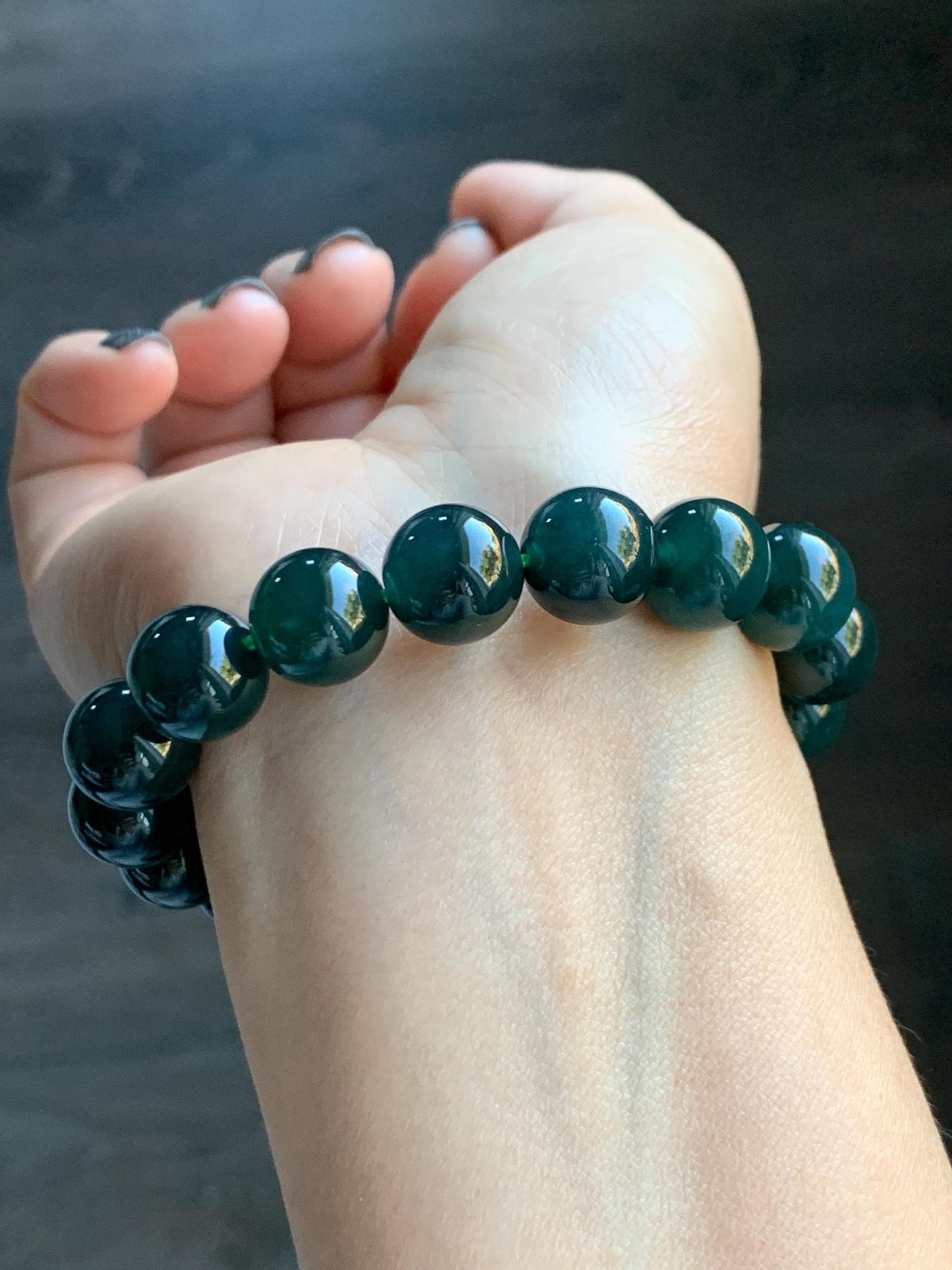 Natural Grade A Guatemalan Icy Translucent Dark Teal Green Jade Jadeite Large Beaded Bracelet 11.9mm 7.5” 49g 天然老种冰危深蓝绿翡翠大卡手串 SWV360