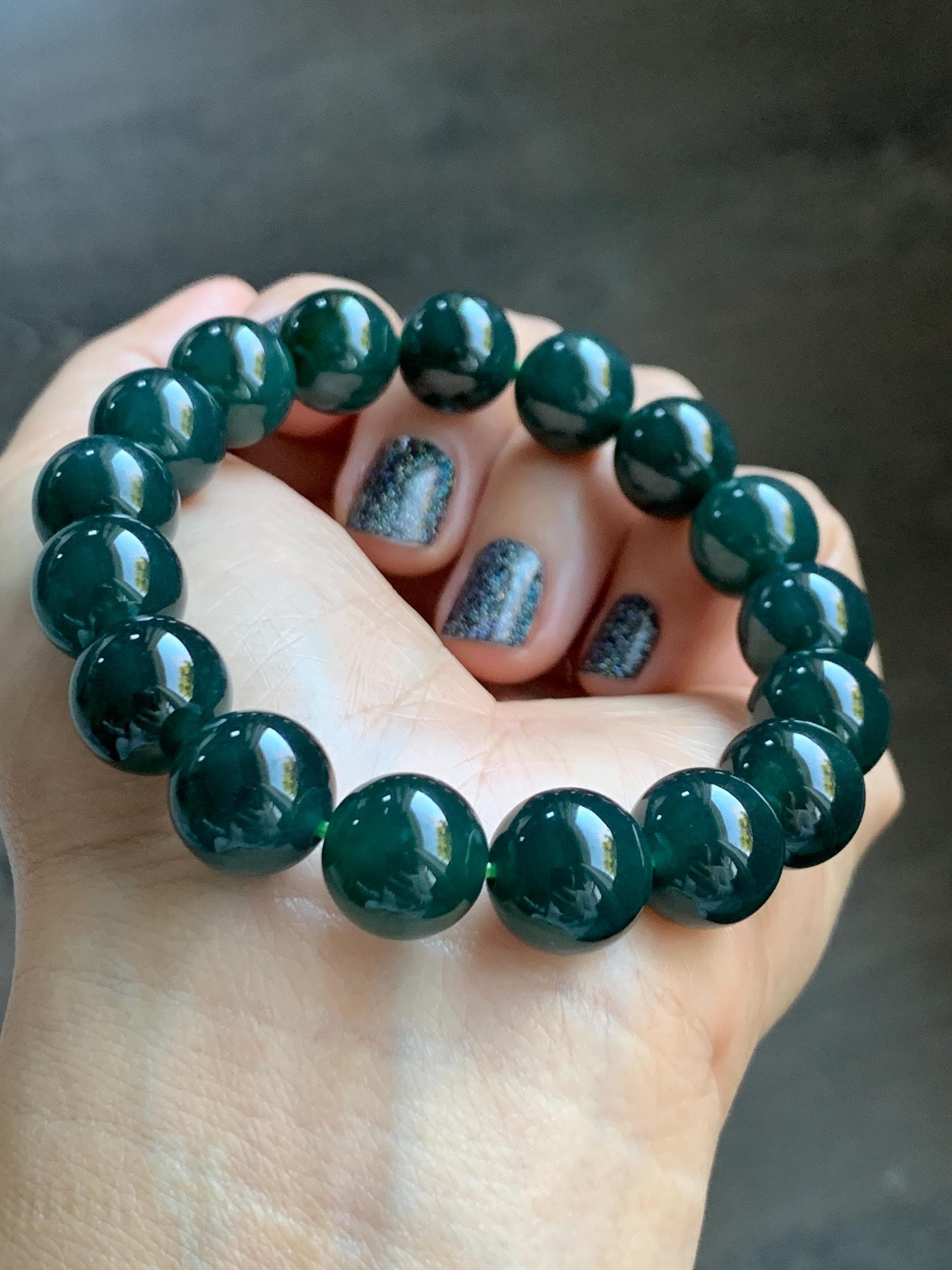 Natural Grade A Guatemalan Icy Translucent Dark Teal Green Jade Jadeite Large Beaded Bracelet 11.9mm 7.5” 49g 天然老种冰危深蓝绿翡翠大卡手串 SWV360