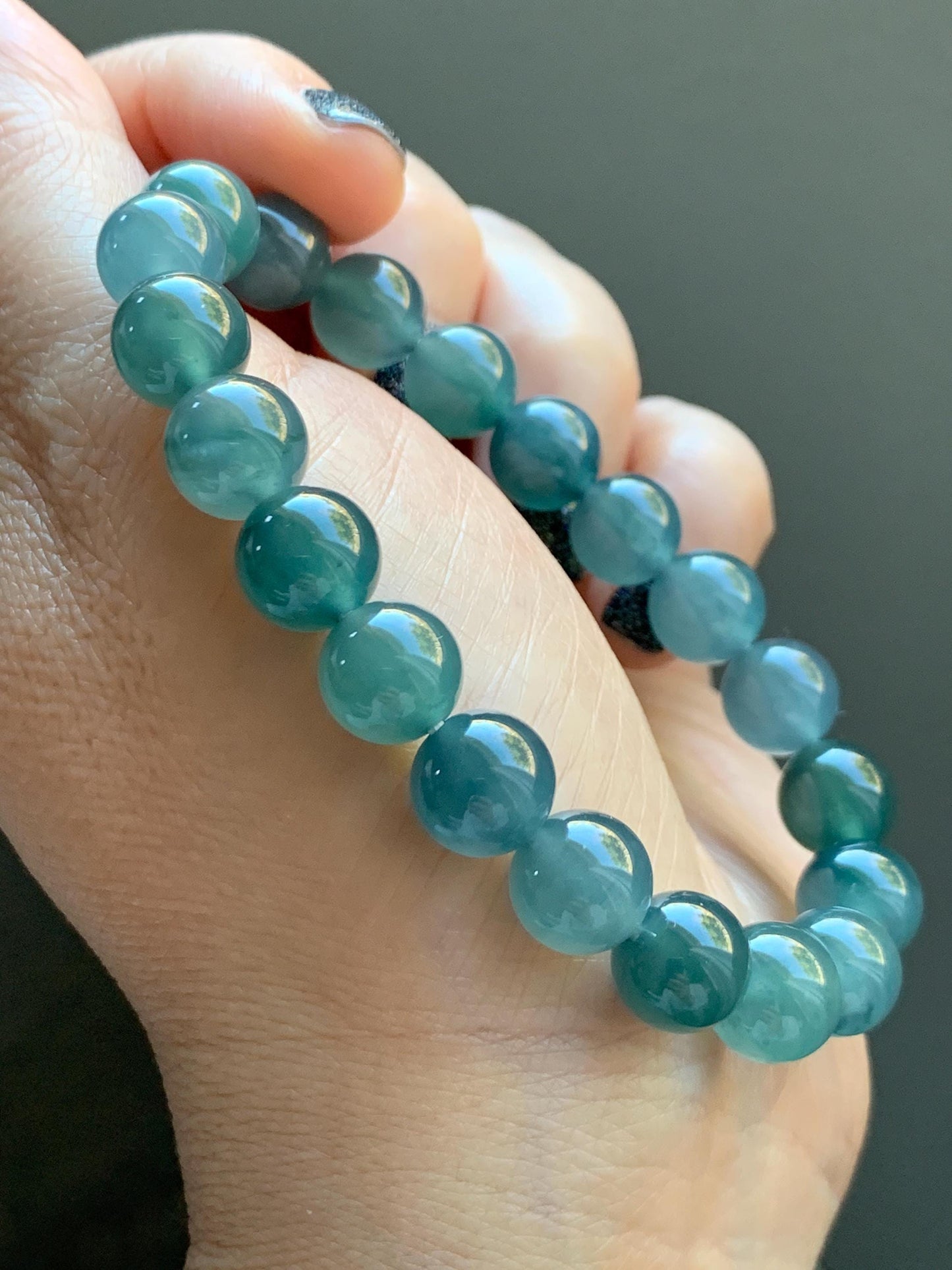 Natural Grade A Guatemalan Icy Translucent Dark Teal Blue Jade Jadeite Beaded Bracelet Stretchy 9.5-9.9mm 7.25” 32g 天然冰危深蓝翡翠圆珠手串 WBD268
