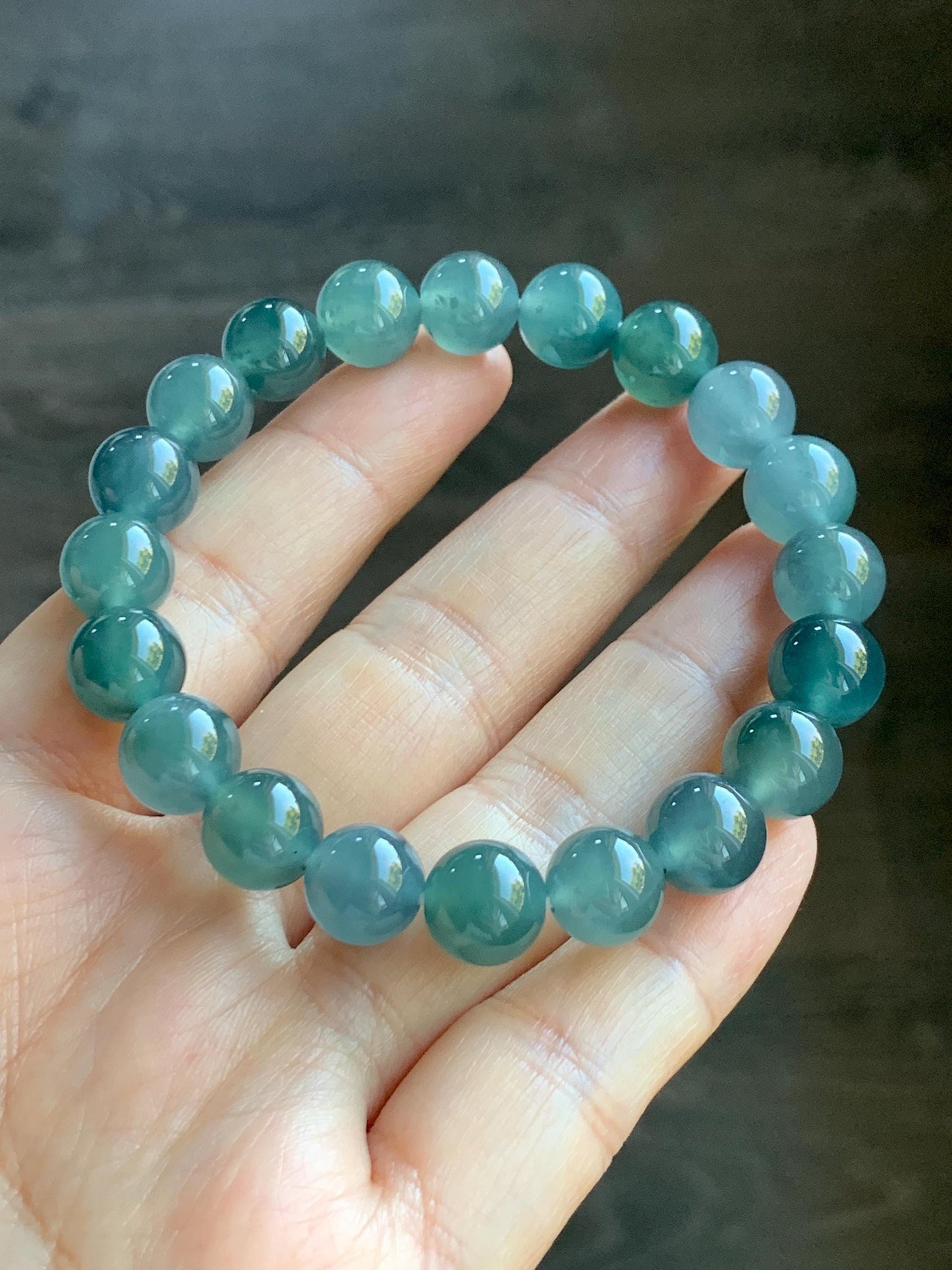 Natural Grade A Guatemalan Icy Translucent Dark Teal Blue Jade Jadeite Beaded Bracelet Stretchy 9.5-9.9mm 7.25” 32g 天然冰危深蓝翡翠圆珠手串 WBD268
