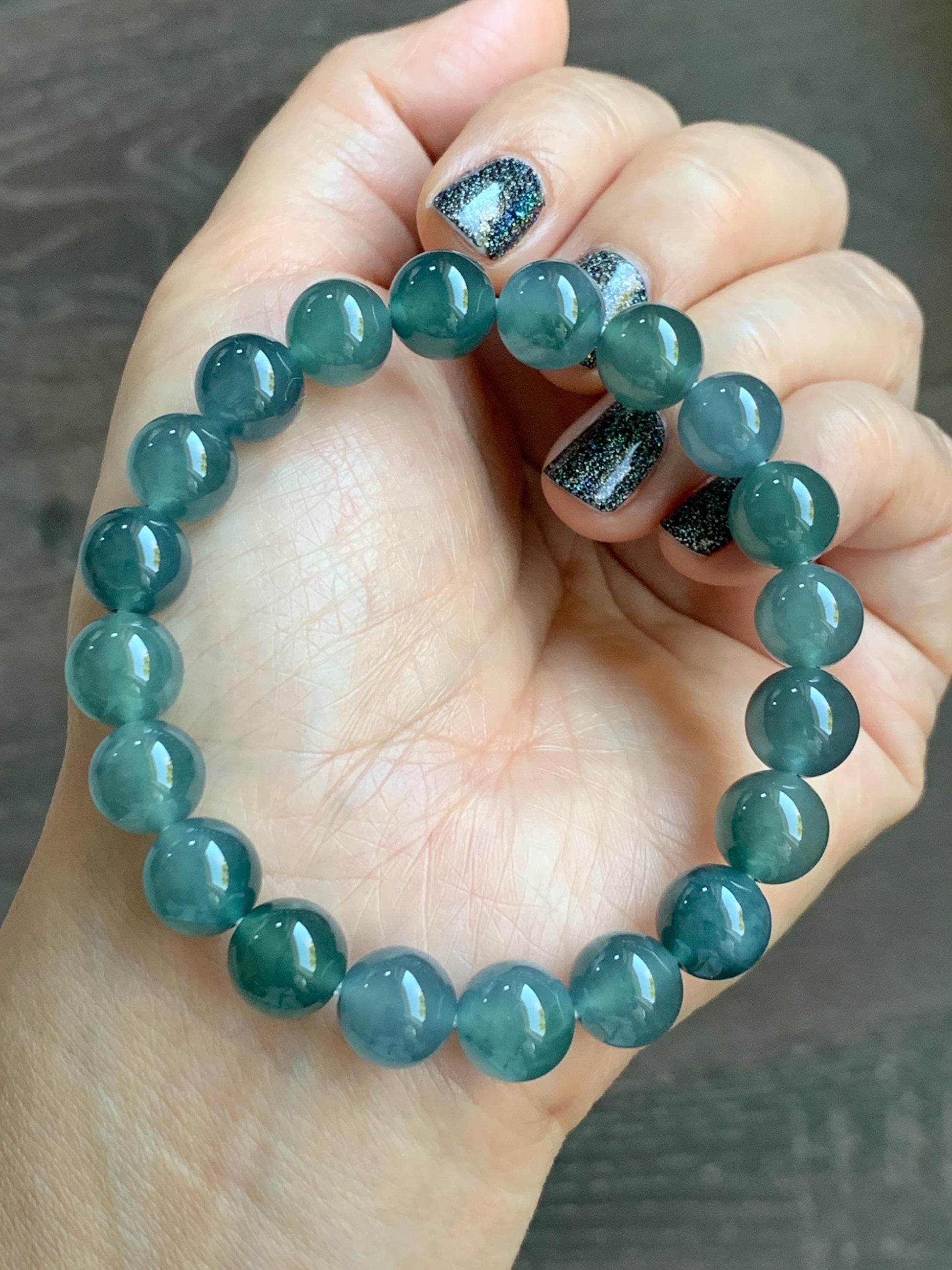 Natural Grade A Guatemalan Icy Translucent Dark Teal Blue Jade Jadeite Beaded Bracelet Stretchy 9.5-9.9mm 7.25” 32g 天然冰危深蓝翡翠圆珠手串 WBD268