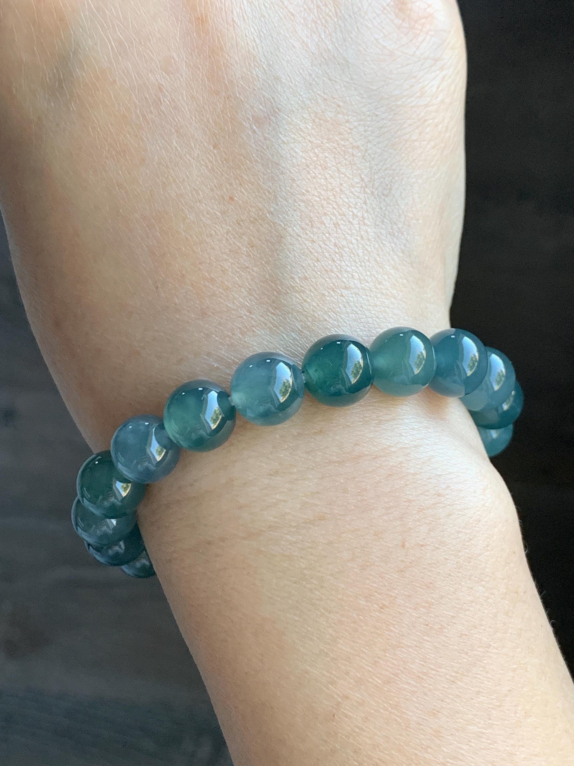 Natural Grade A Guatemalan Icy Translucent Dark Teal Blue Jade Jadeite Beaded Bracelet Stretchy 9.5-9.9mm 7.25” 32g 天然冰危深蓝翡翠圆珠手串 WBD268
