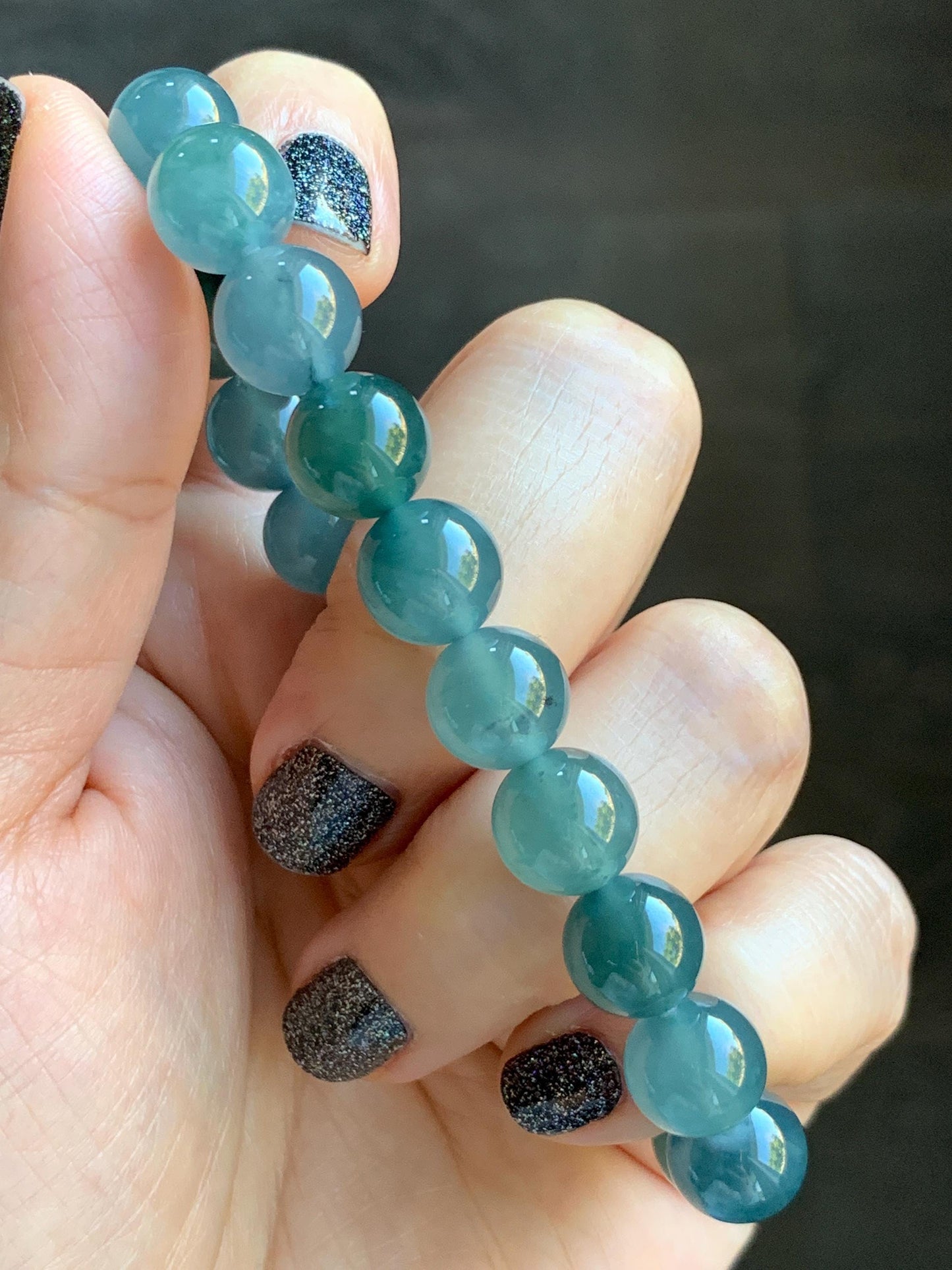 Natural Grade A Guatemalan Icy Translucent Dark Teal Blue Jade Jadeite Beaded Bracelet Stretchy 9.5-9.9mm 7.25” 32g 天然冰危深蓝翡翠圆珠手串 WBD268
