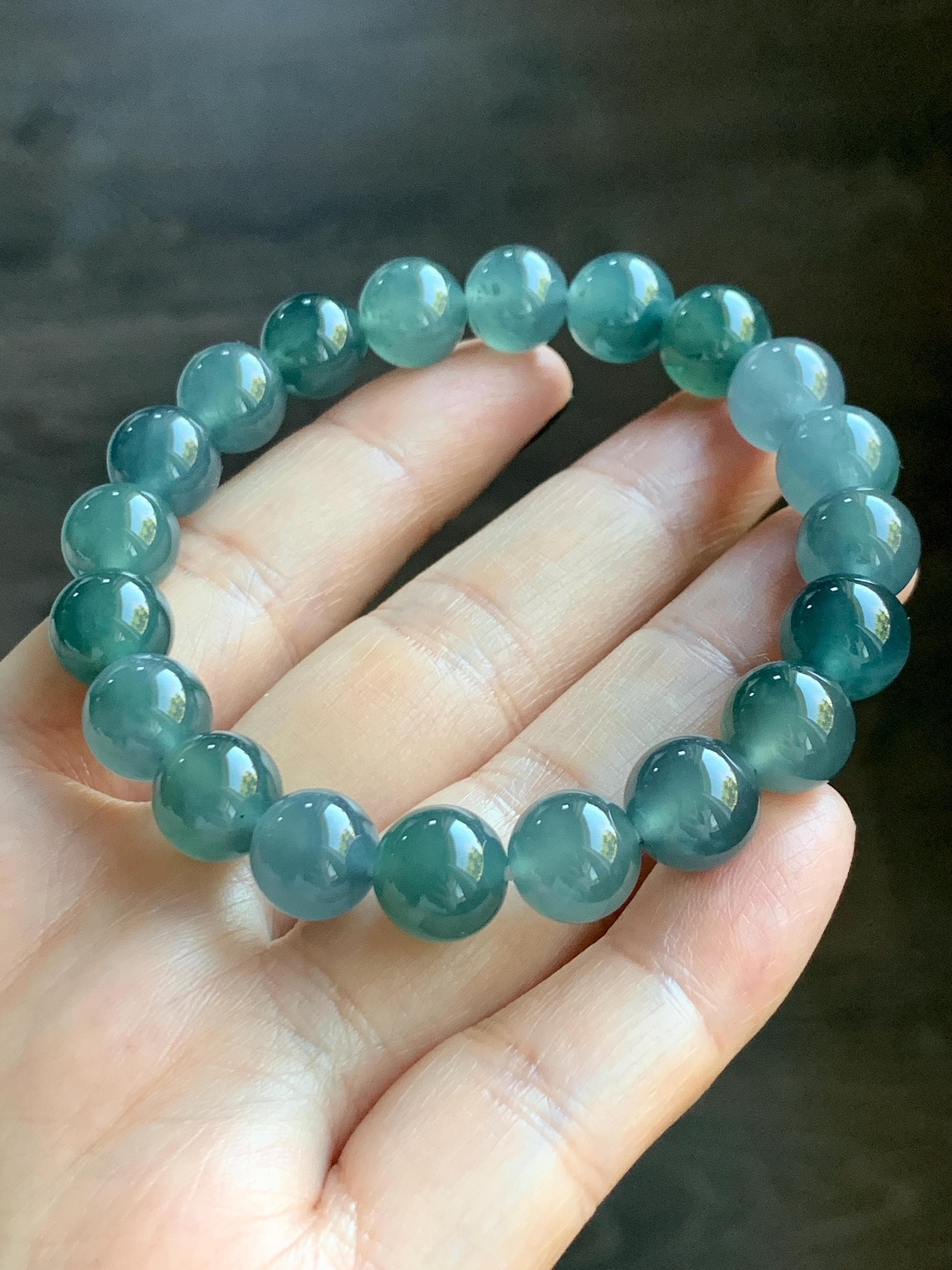 Natural Grade A Guatemalan Icy Translucent Dark Teal Blue Jade Jadeite Beaded Bracelet Stretchy 9.5-9.9mm 7.25” 32g 天然冰危深蓝翡翠圆珠手串 WBD268
