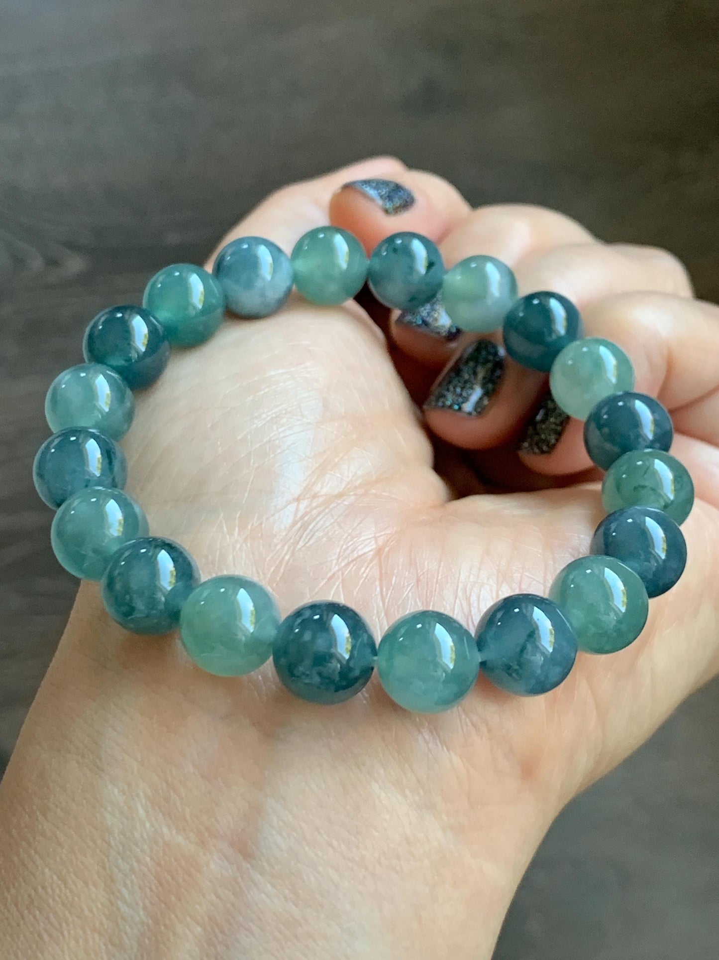 Natural Grade A Guatemalan Icy Translucent Teal Blue Multicolored Jade Jadeite Beaded Bracelet 9.8mm 7.25” 33g 天然冰危蓝水多宝翡翠手串 WDB275