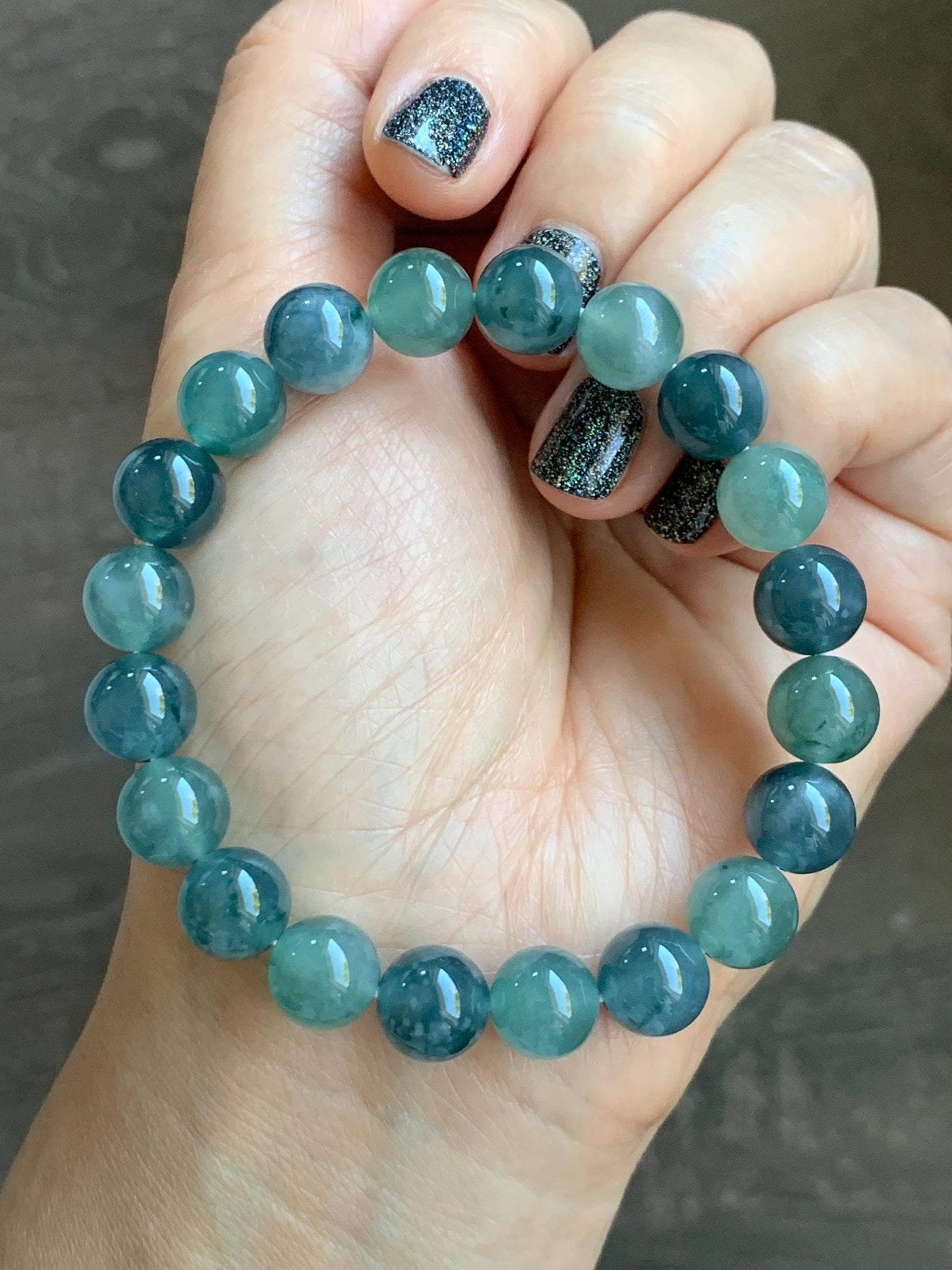 Natural Grade A Guatemalan Icy Translucent Teal Blue Multicolored Jade Jadeite Beaded Bracelet 9.8mm 7.25” 33g 天然冰危蓝水多宝翡翠手串 WDB275