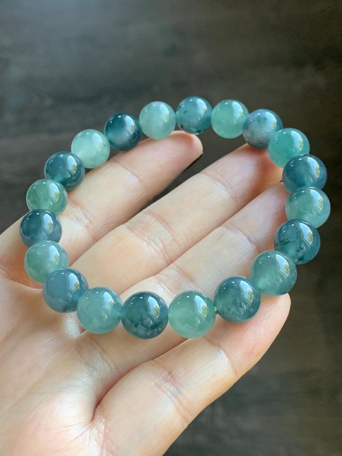 Natural Grade A Guatemalan Icy Translucent Teal Blue Multicolored Jade Jadeite Beaded Bracelet 9.8mm 7.25” 33g 天然冰危蓝水多宝翡翠手串 WDB275