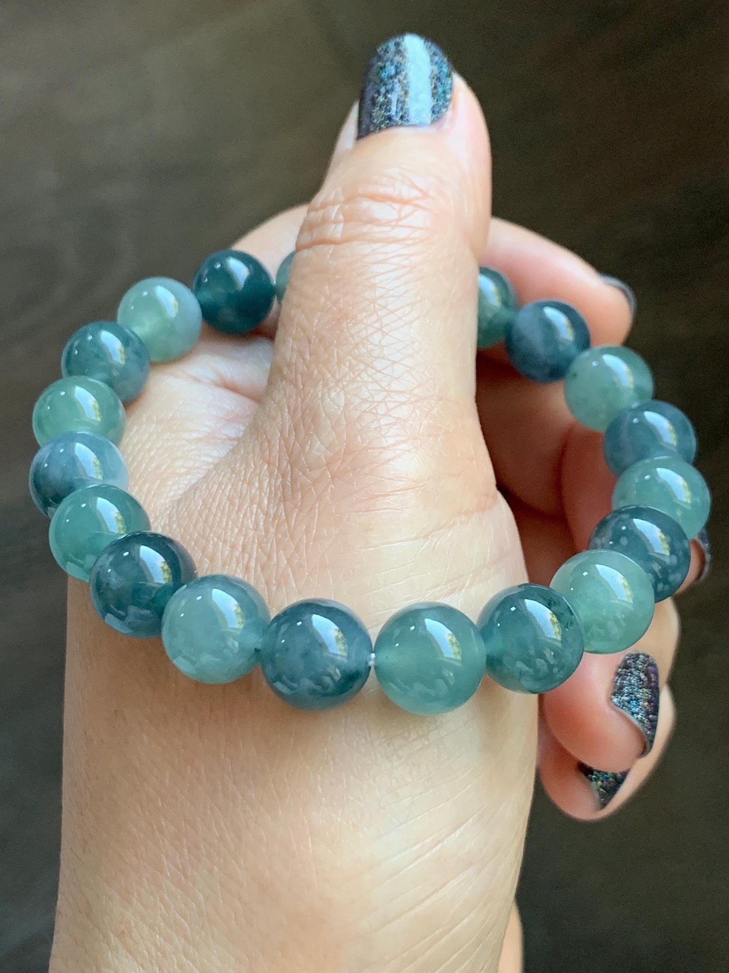 Natural Grade A Guatemalan Icy Translucent Teal Blue Multicolored Jade Jadeite Beaded Bracelet 9.8mm 7.25” 33g 天然冰危蓝水多宝翡翠手串 WDB275