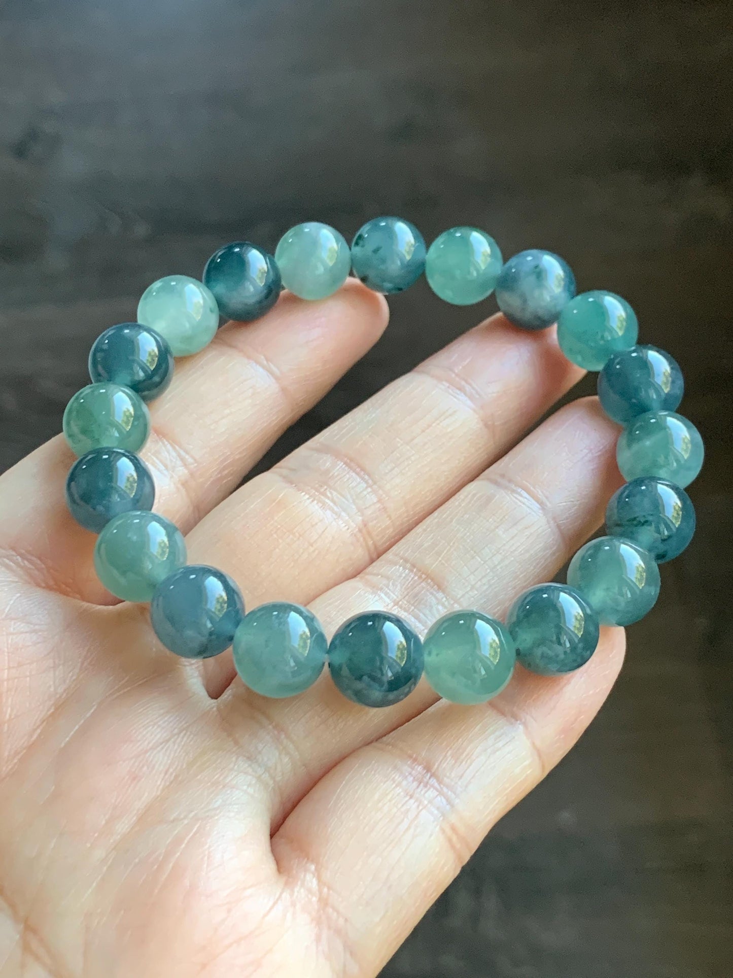 Natural Grade A Guatemalan Icy Translucent Teal Blue Multicolored Jade Jadeite Beaded Bracelet 9.8mm 7.25” 33g 天然冰危蓝水多宝翡翠手串 WDB275