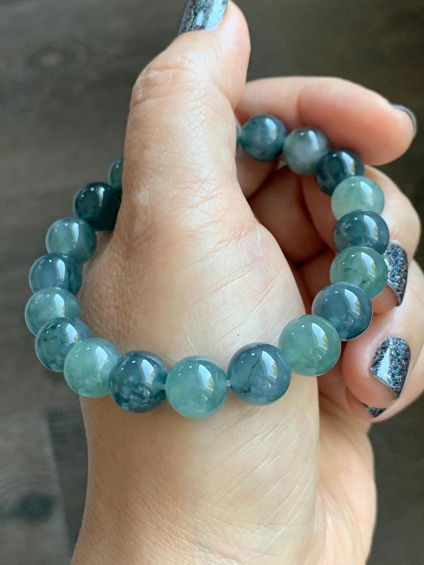 Natural Grade A Guatemalan Icy Translucent Teal Blue Multicolored Jade Jadeite Beaded Bracelet 9.8mm 7.25” 33g 天然冰危蓝水多宝翡翠手串 WDB275
