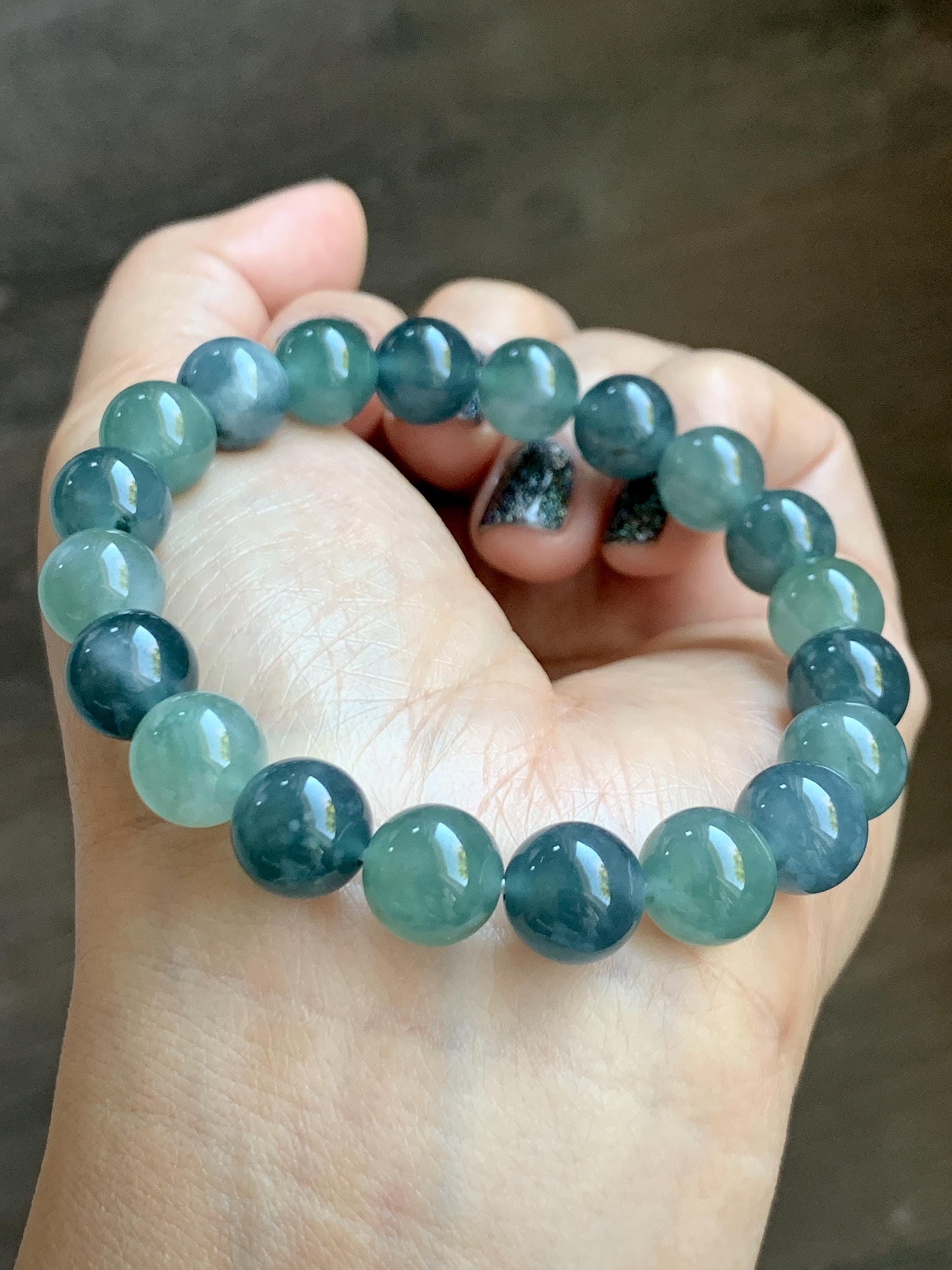 Natural Grade A Guatemalan Icy Translucent Teal Blue Multicolored Jade Jadeite Beaded Bracelet 9.8mm 7.25” 33g 天然冰危蓝水多宝翡翠手串 WDB275