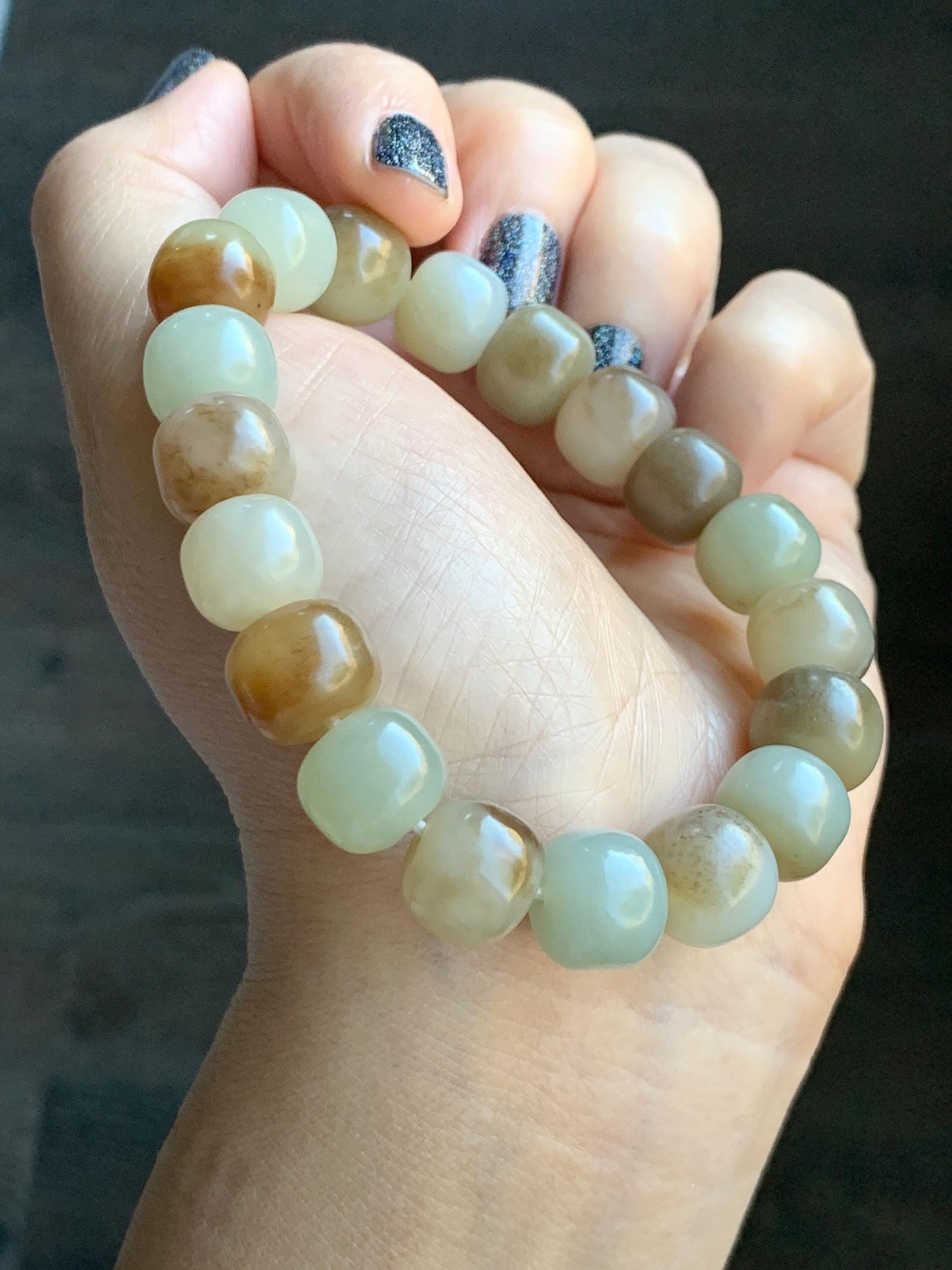 Natural Nephrite Jade Beige Brown Translucent Large Barrel Beads Beaded Bracelet Matte Finish 7.25" 49g 天然和田玉糖色哑光桶珠手串 HTTS150