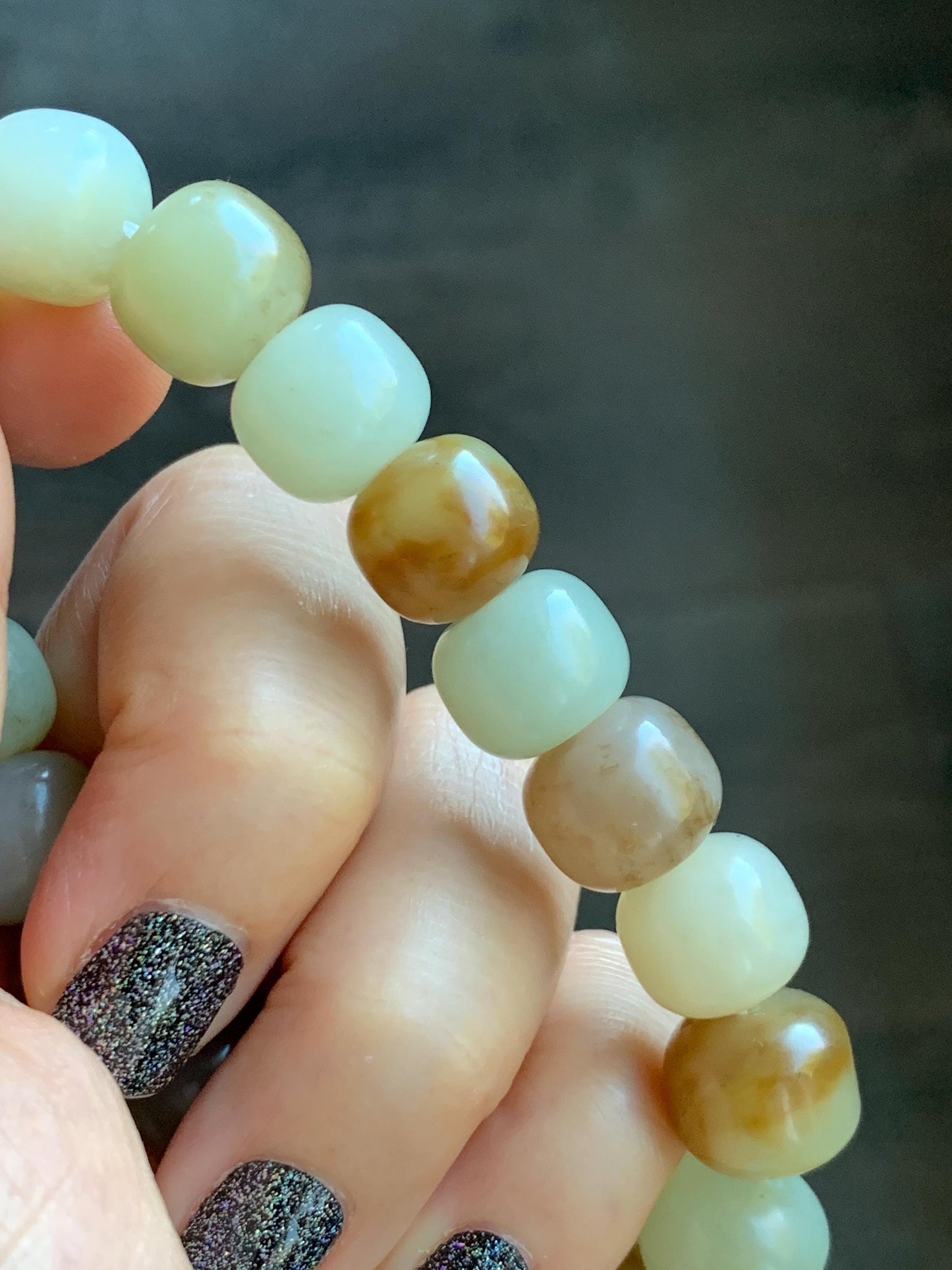 Natural Nephrite Jade Beige Brown Translucent Large Barrel Beads Beaded Bracelet Matte Finish 7.25" 49g 天然和田玉糖色哑光桶珠手串 HTTS150