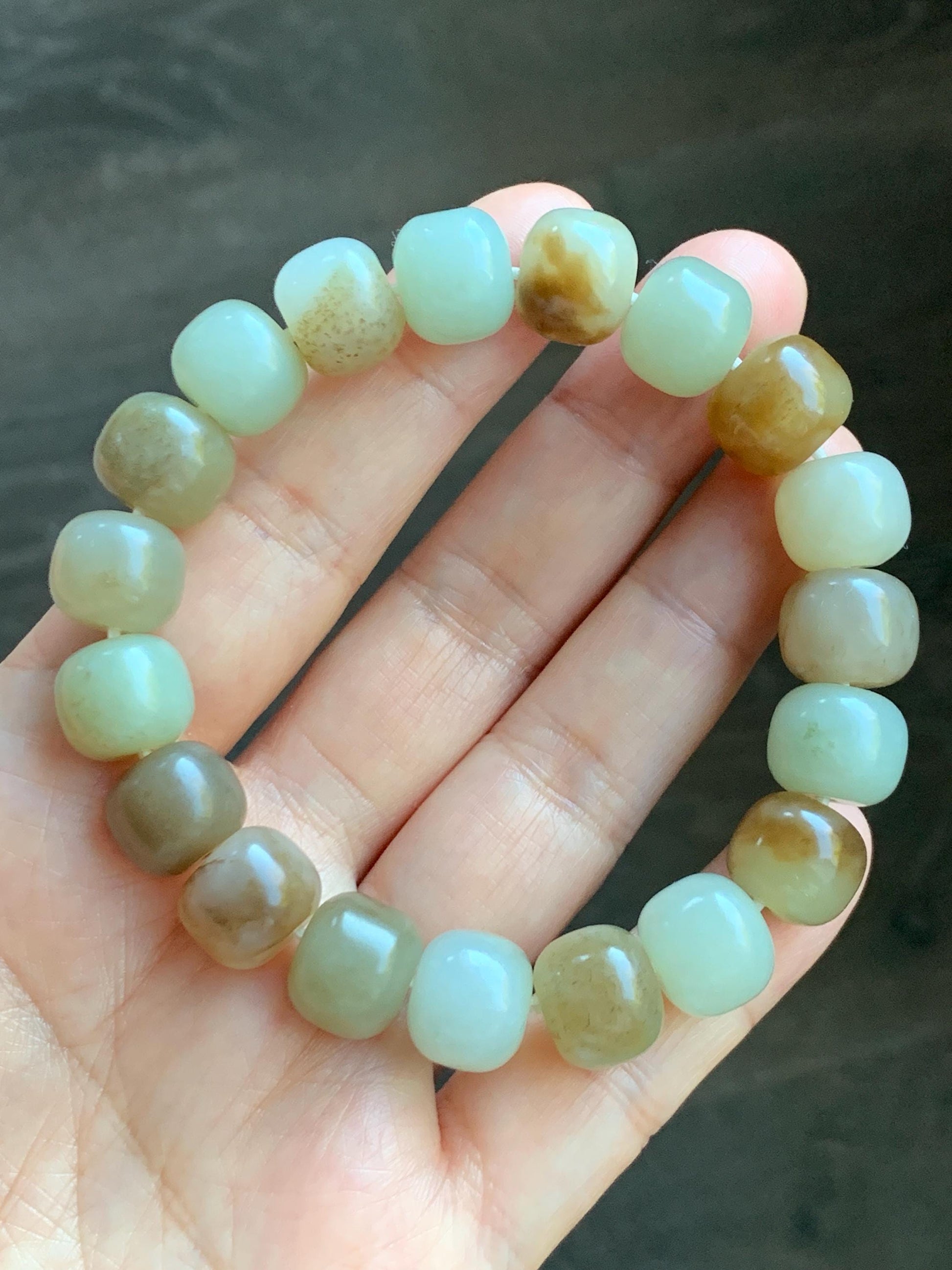 Natural Nephrite Jade Beige Brown Translucent Large Barrel Beads Beaded Bracelet Matte Finish 7.25" 49g 天然和田玉糖色哑光桶珠手串 HTTS150