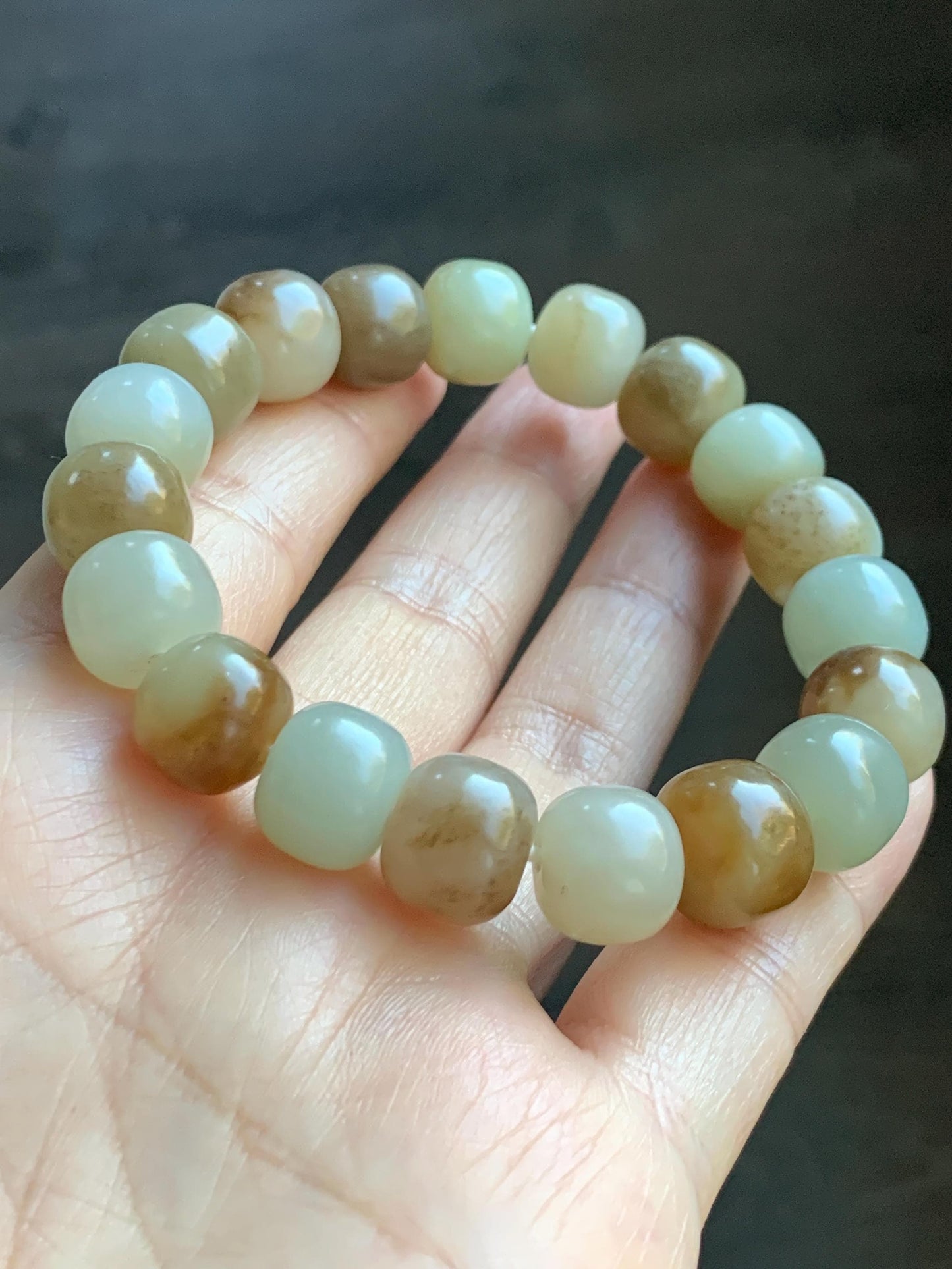 Natural Nephrite Jade Beige Brown Translucent Large Barrel Beads Beaded Bracelet Matte Finish 7.25" 49g 天然和田玉糖色哑光桶珠手串 HTTS150