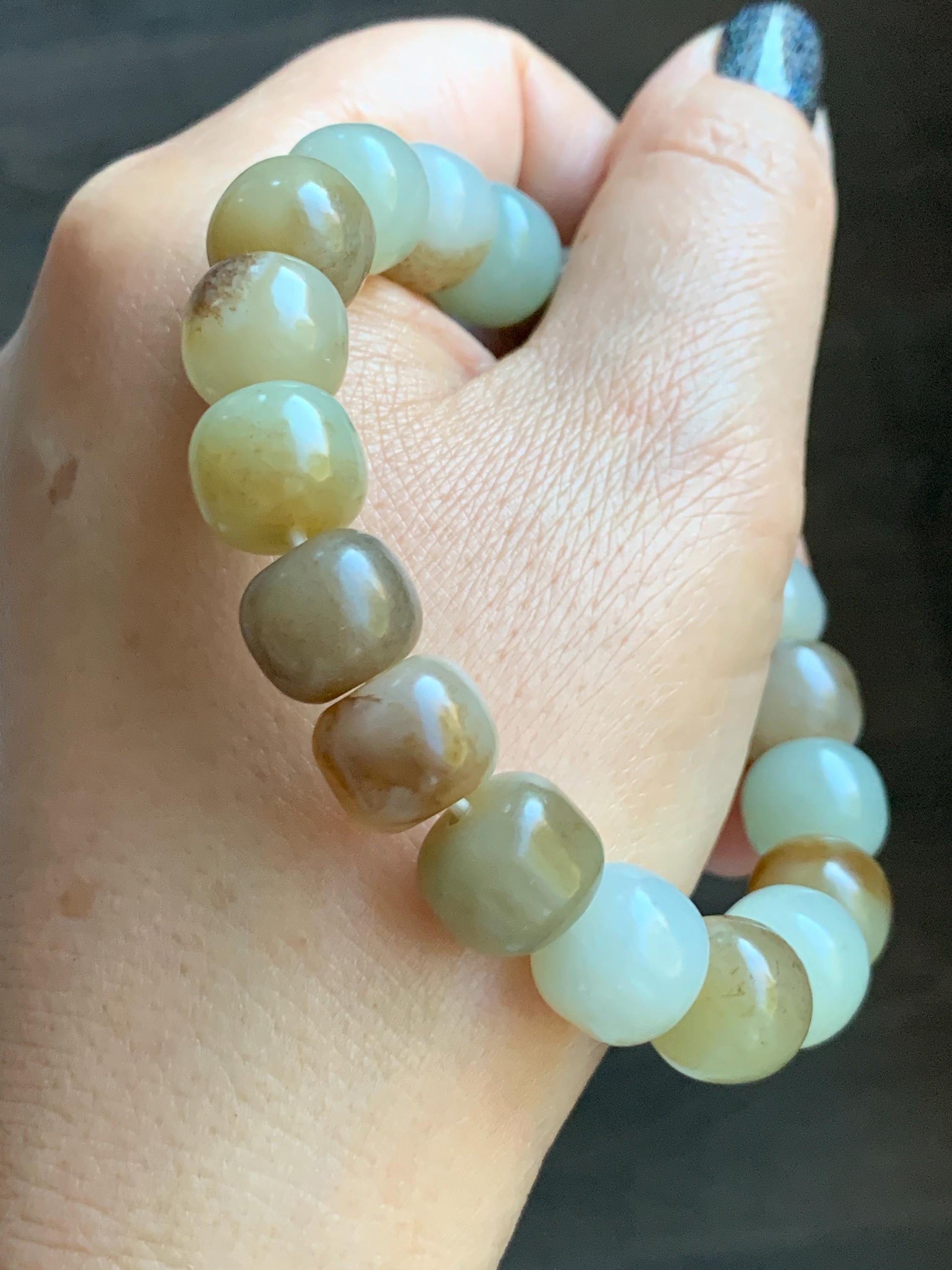 Natural Nephrite Jade Beige Brown Translucent Large Barrel Beads Beaded Bracelet Matte Finish 7.25" 49g 天然和田玉糖色哑光桶珠手串 HTTS150