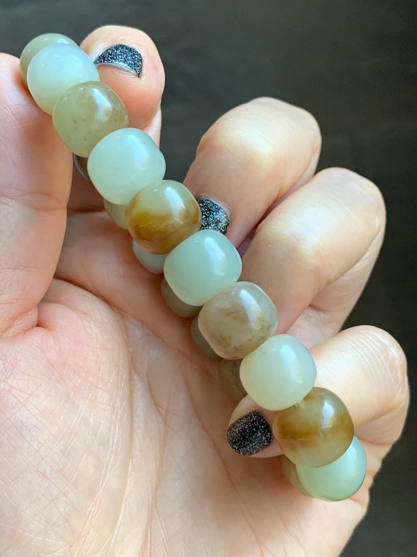 Natural Nephrite Jade Beige Brown Translucent Large Barrel Beads Beaded Bracelet Matte Finish 7.25" 49g 天然和田玉糖色哑光桶珠手串 HTTS150