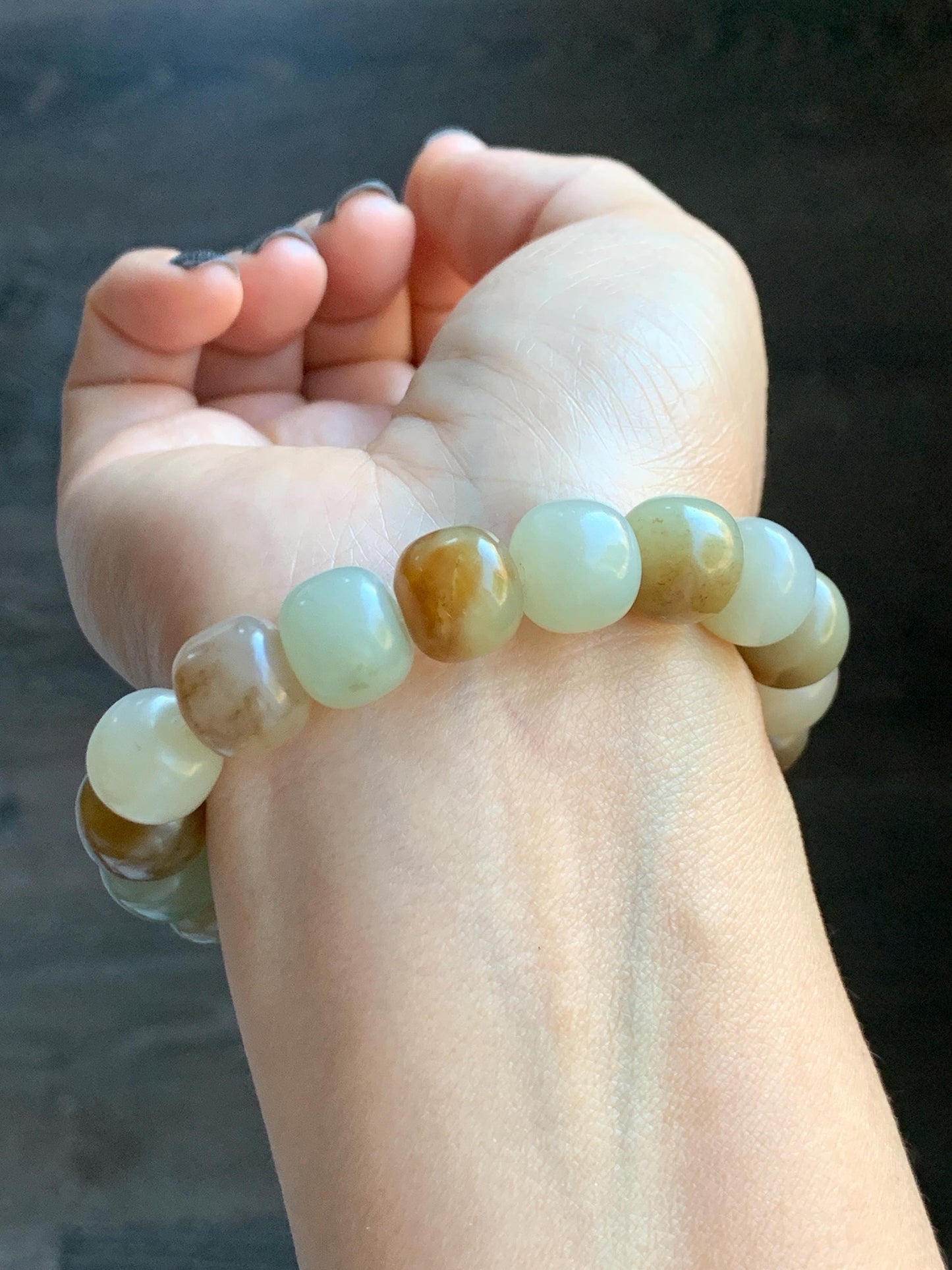Natural Nephrite Jade Beige Brown Translucent Large Barrel Beads Beaded Bracelet Matte Finish 7.25" 49g 天然和田玉糖色哑光桶珠手串 HTTS150