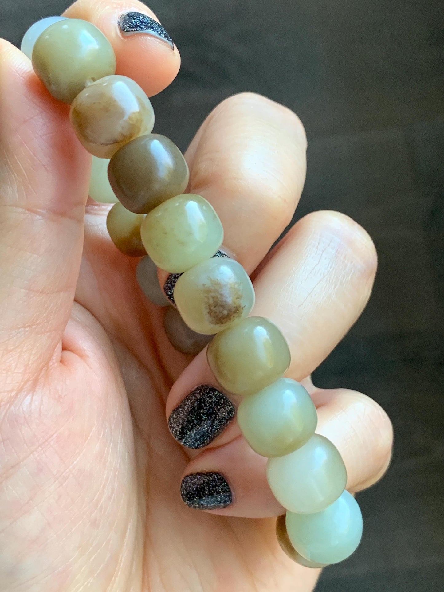 Natural Nephrite Jade Beige Brown Translucent Large Barrel Beads Beaded Bracelet Matte Finish 7.25" 49g 天然和田玉糖色哑光桶珠手串 HTTS150