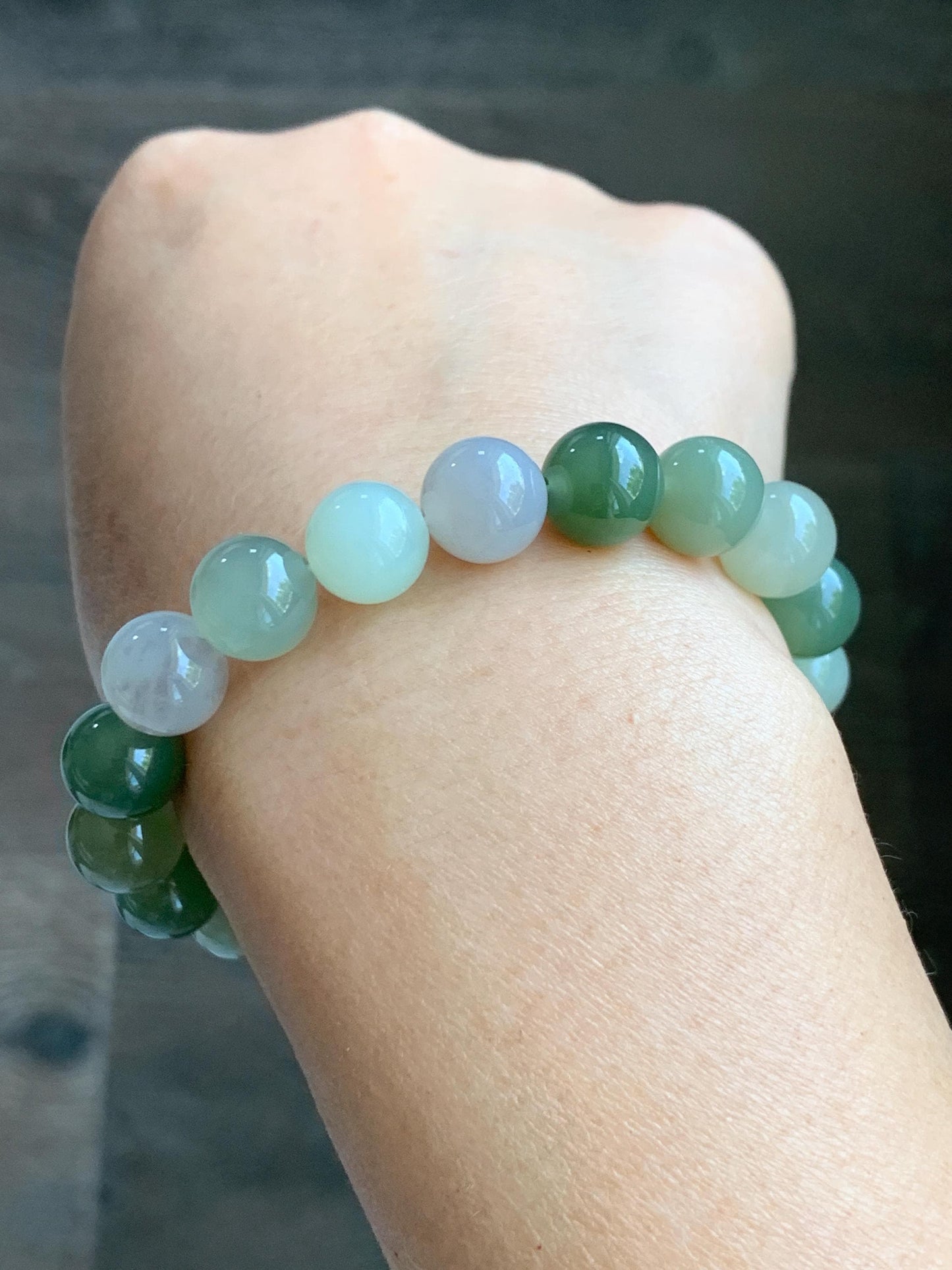 Natural Nephrite Jade Multicolored Translucent Large Round Beads Beaded Bracelet Stretchy 9.9mm 7" 29g 天然和田玉多宝圆珠手串 HTDB150