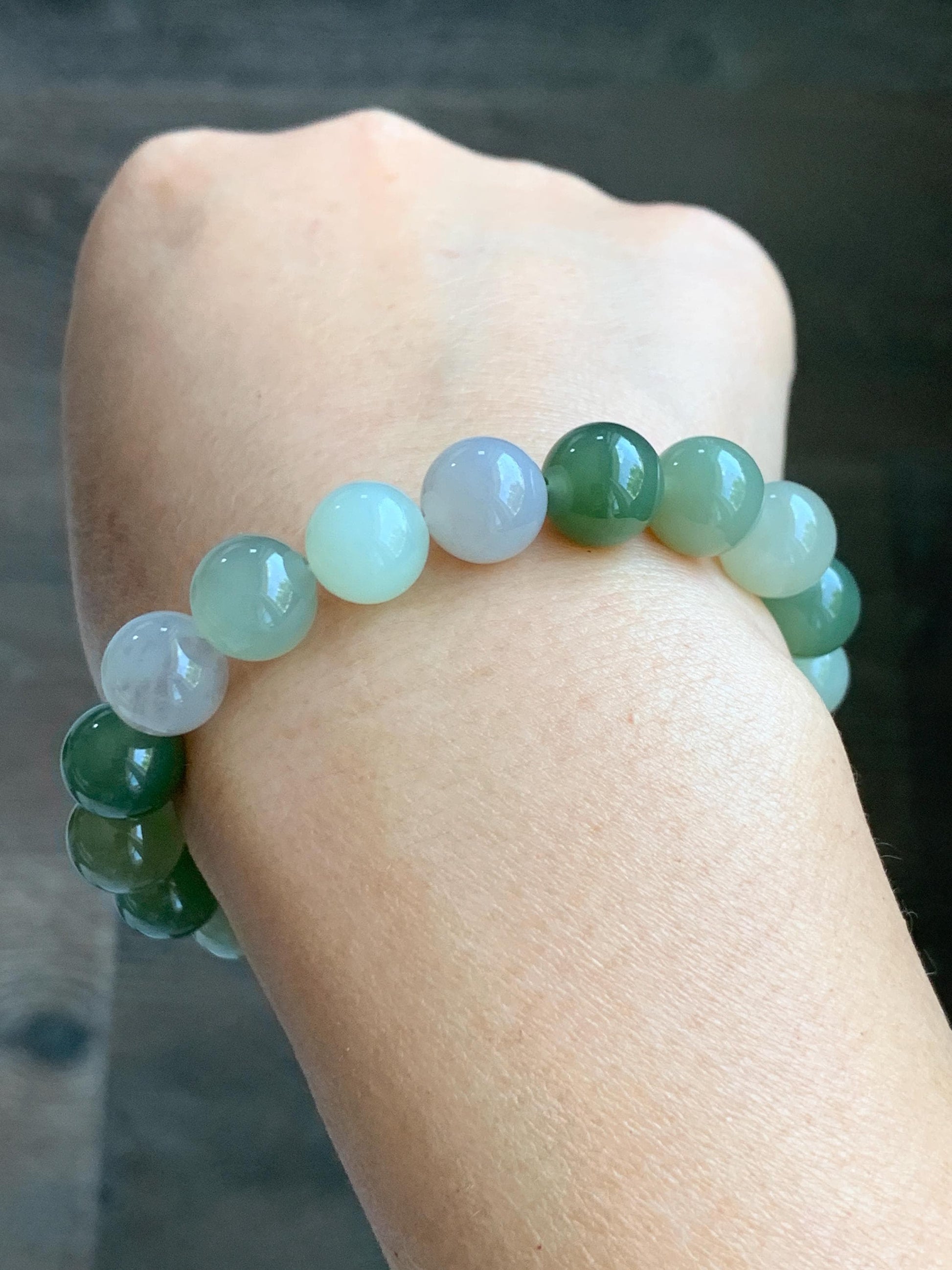 Natural Nephrite Jade Multicolored Translucent Large Round Beads Beaded Bracelet Stretchy 9.9mm 7" 29g 天然和田玉多宝圆珠手串 HTDB150