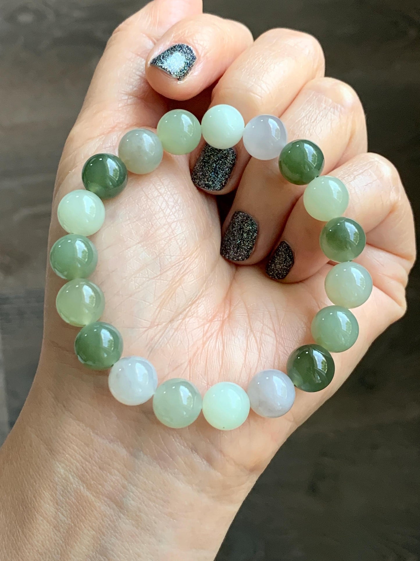 Natural Nephrite Jade Multicolored Translucent Large Round Beads Beaded Bracelet Stretchy 9.9mm 7" 29g 天然和田玉多宝圆珠手串 HTDB150