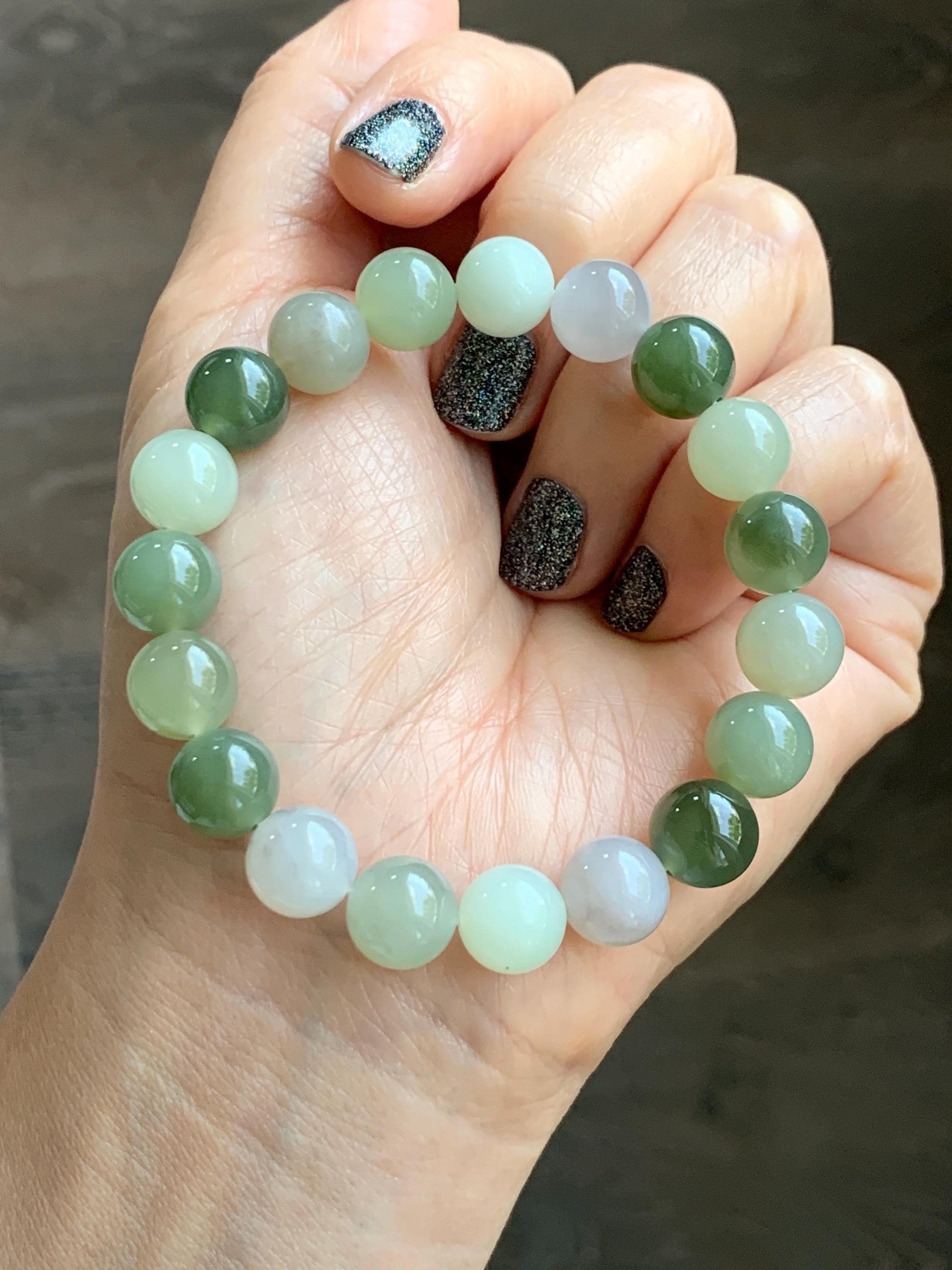Natural Nephrite Jade Multicolored Translucent Large Round Beads Beaded Bracelet Stretchy 9.9mm 7" 29g 天然和田玉多宝圆珠手串 HTDB150