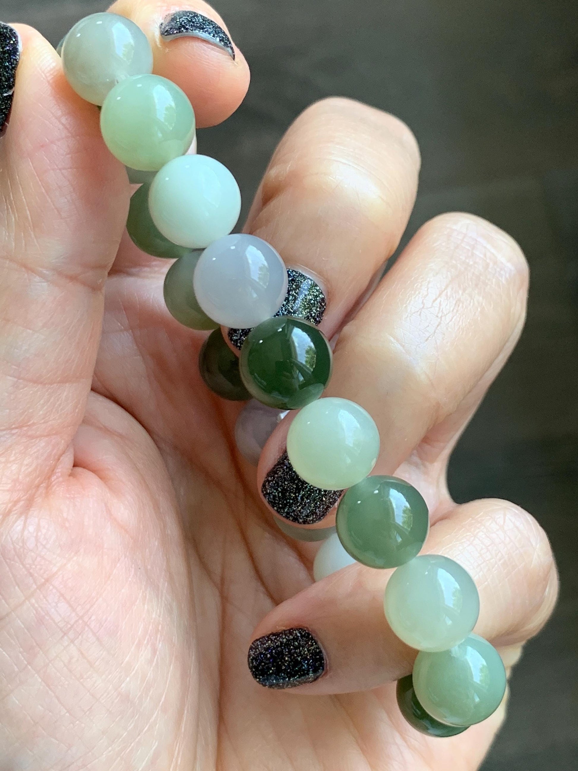 Natural Nephrite Jade Multicolored Translucent Large Round Beads Beaded Bracelet Stretchy 9.9mm 7" 29g 天然和田玉多宝圆珠手串 HTDB150