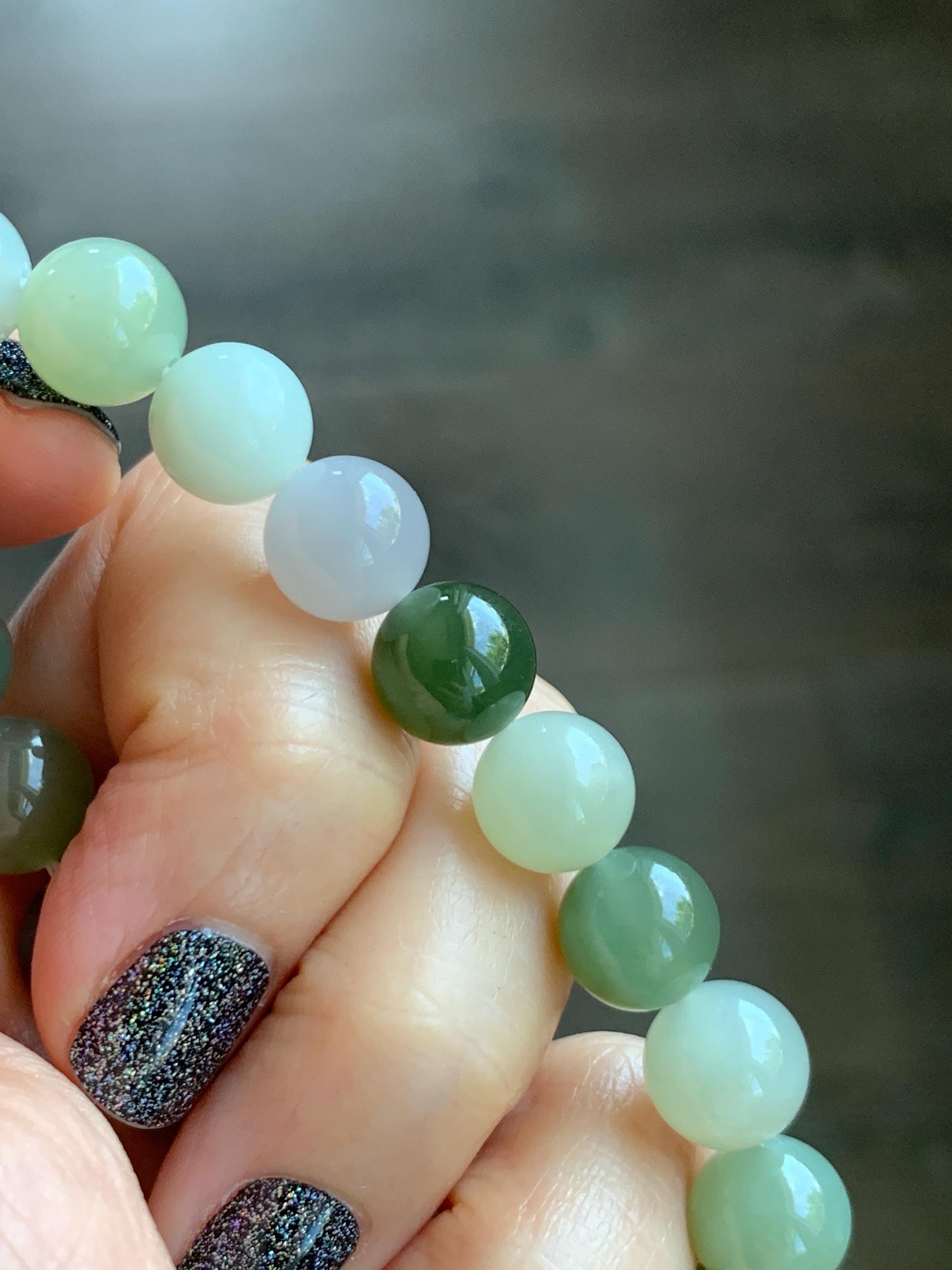 Natural Nephrite Jade Multicolored Translucent Large Round Beads Beaded Bracelet Stretchy 9.9mm 7" 29g 天然和田玉多宝圆珠手串 HTDB150