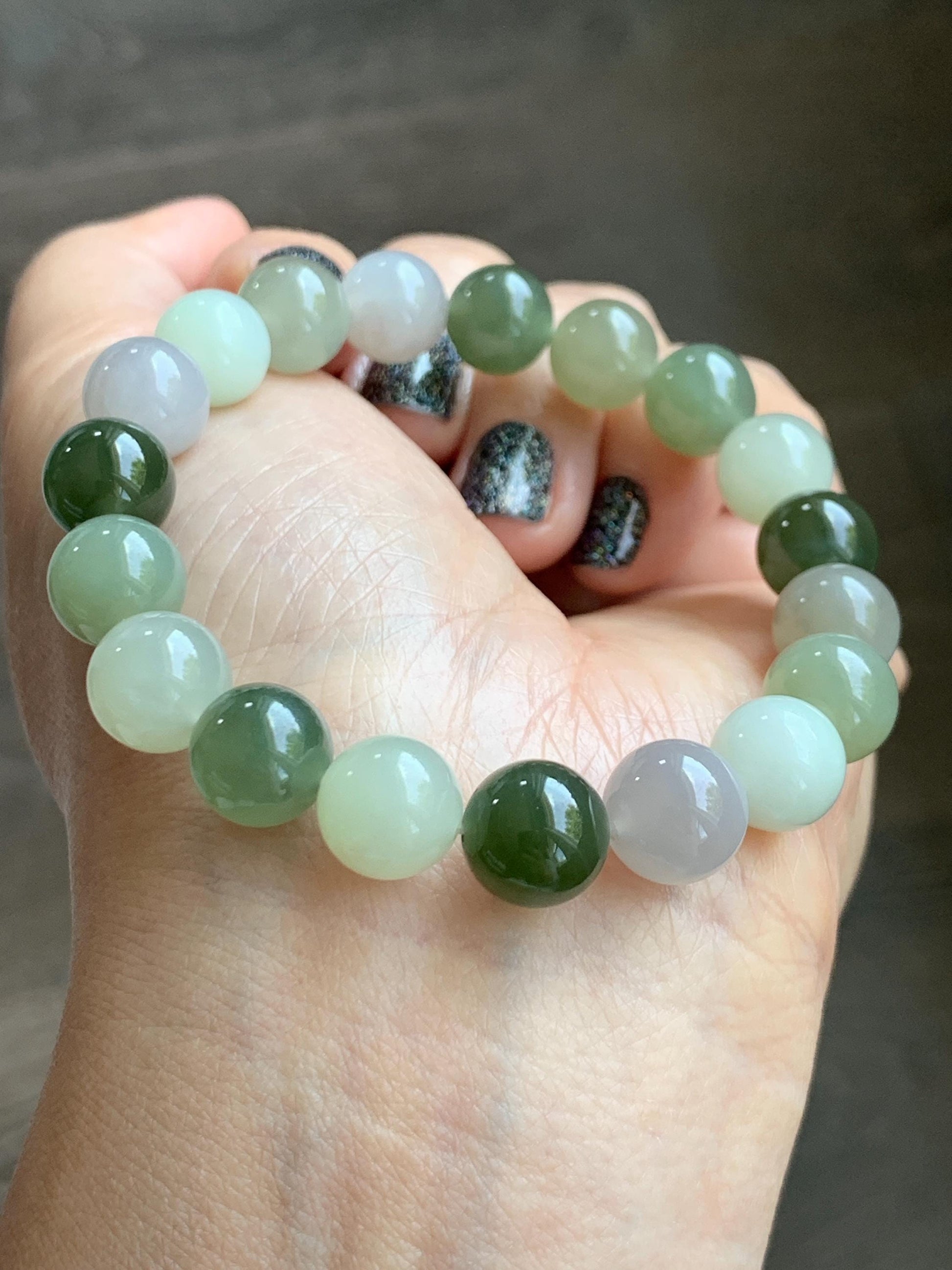 Natural Nephrite Jade Multicolored Translucent Large Round Beads Beaded Bracelet Stretchy 9.9mm 7" 29g 天然和田玉多宝圆珠手串 HTDB150