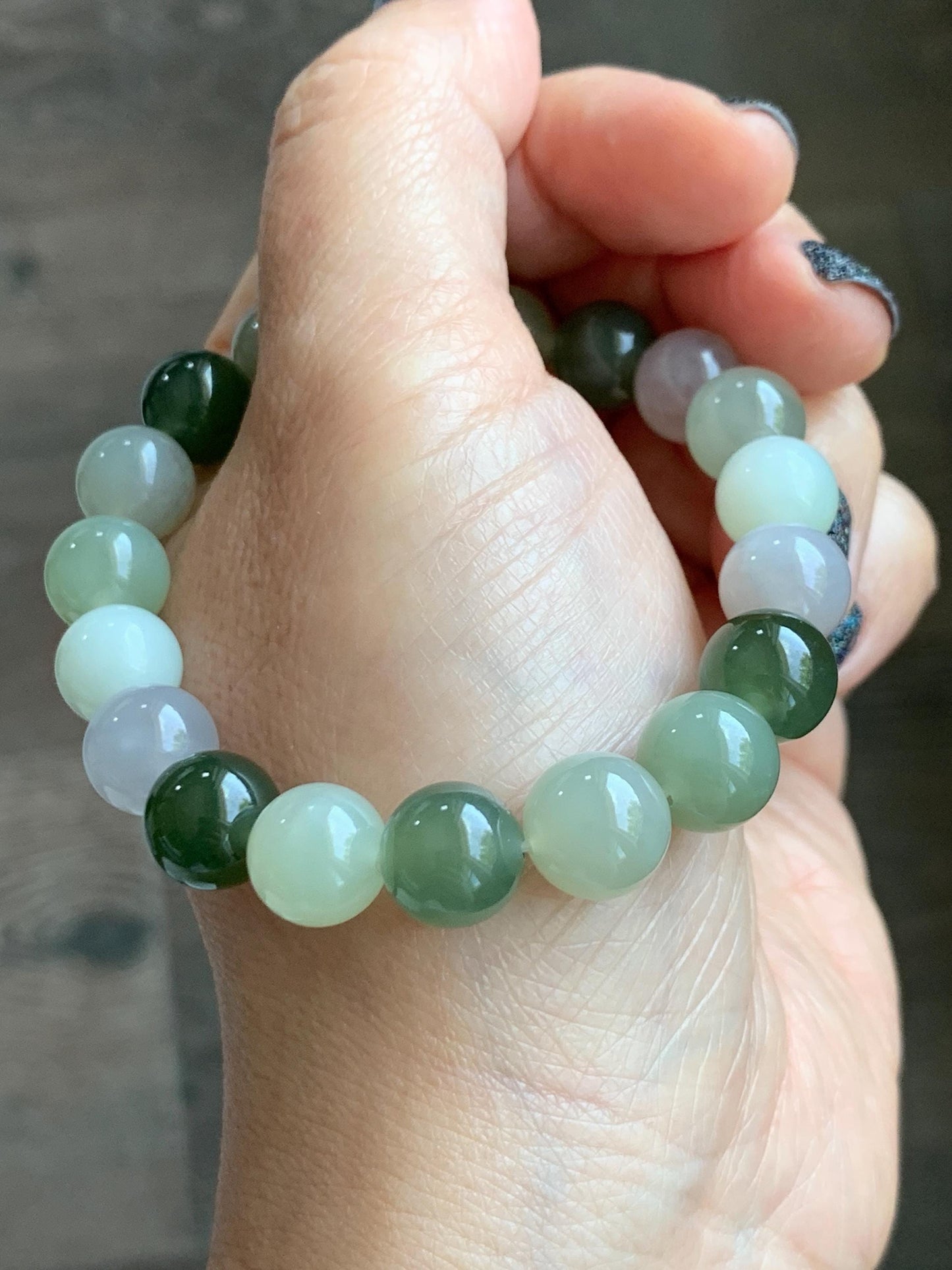 Natural Nephrite Jade Multicolored Translucent Large Round Beads Beaded Bracelet Stretchy 9.9mm 7" 29g 天然和田玉多宝圆珠手串 HTDB150